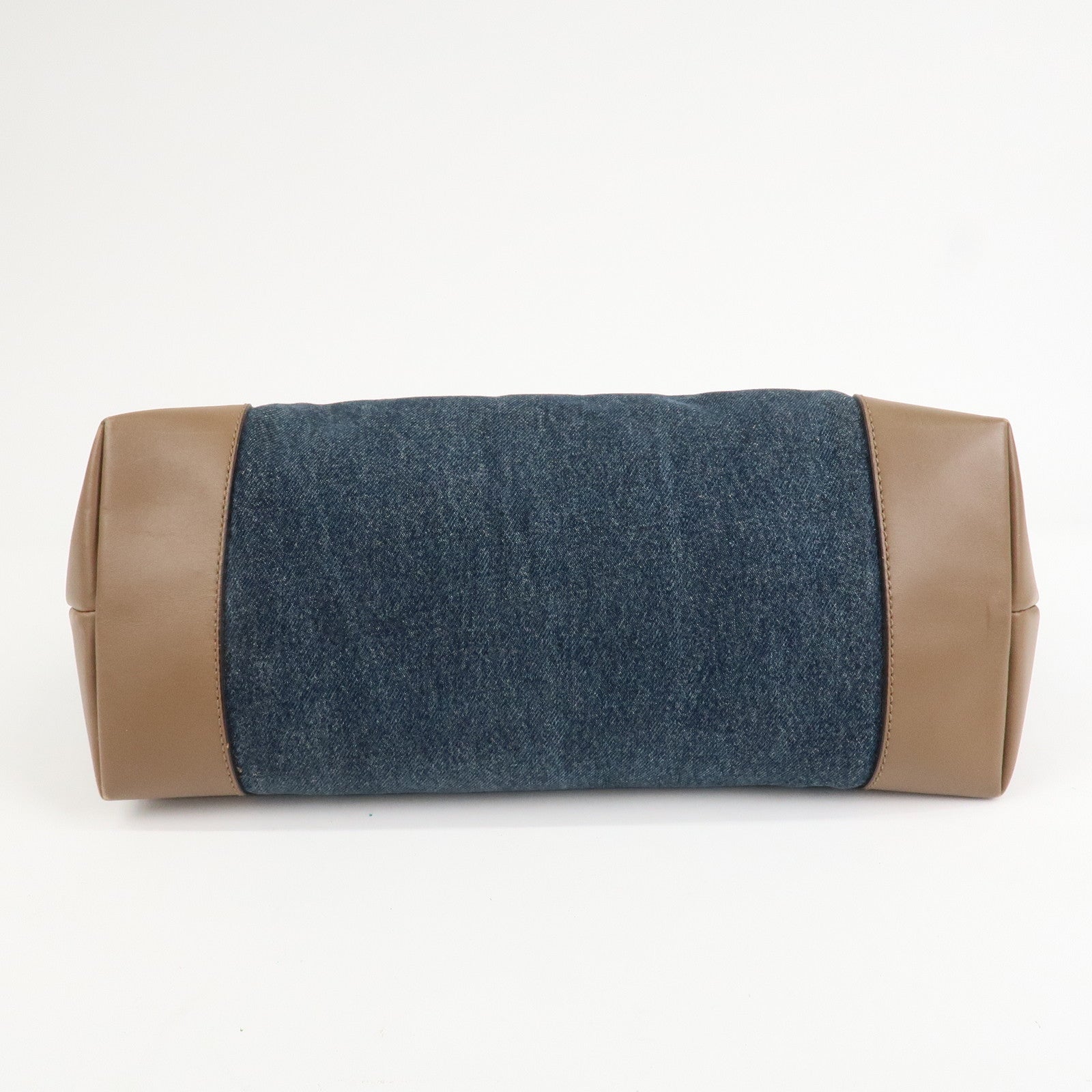 GUCCI Craft Denim Leather Tote Bag Hand Bag Navy Brown 348715