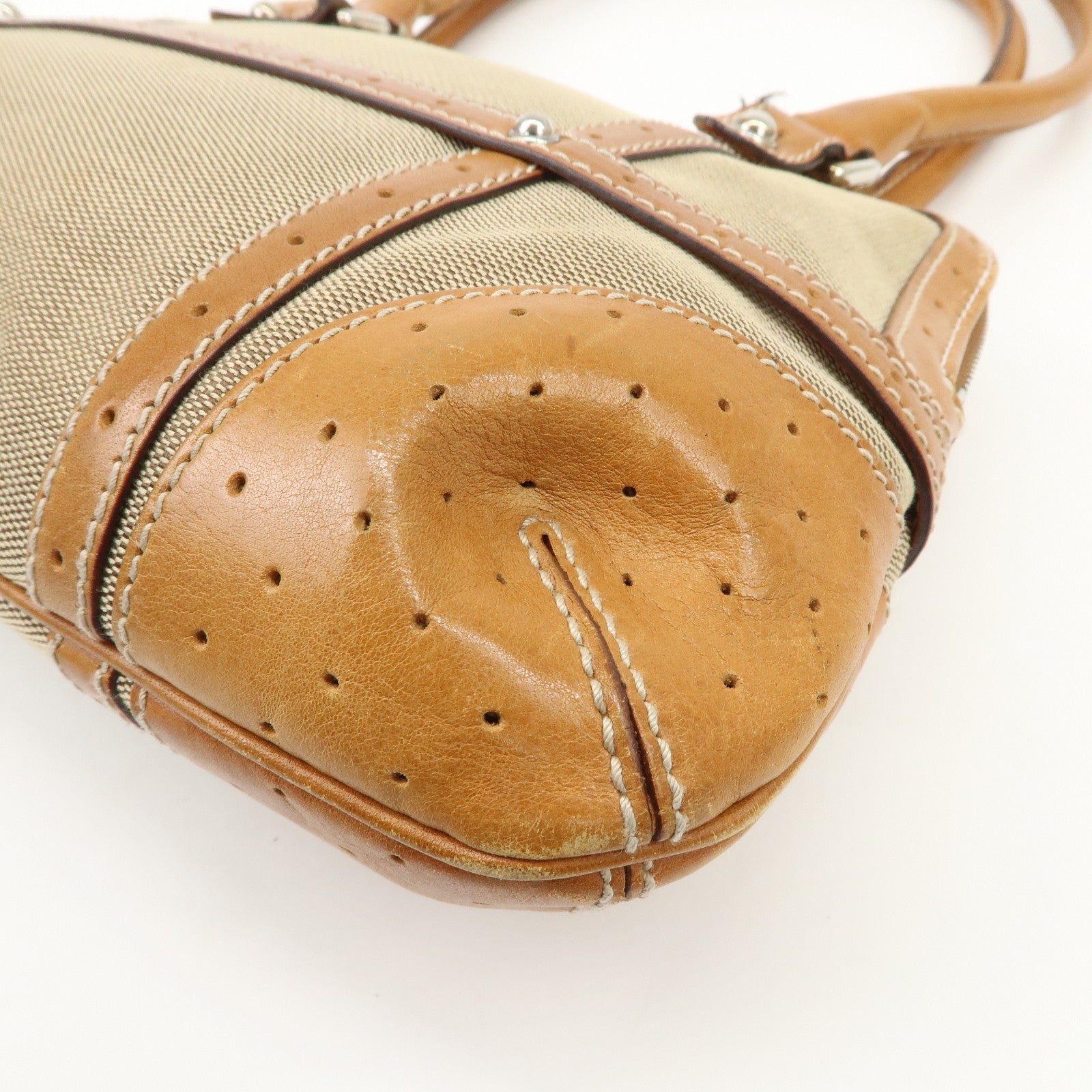 GUCCI Interlocking G Sherry Leather Canvas Hand Bag Beige 114882 Used
