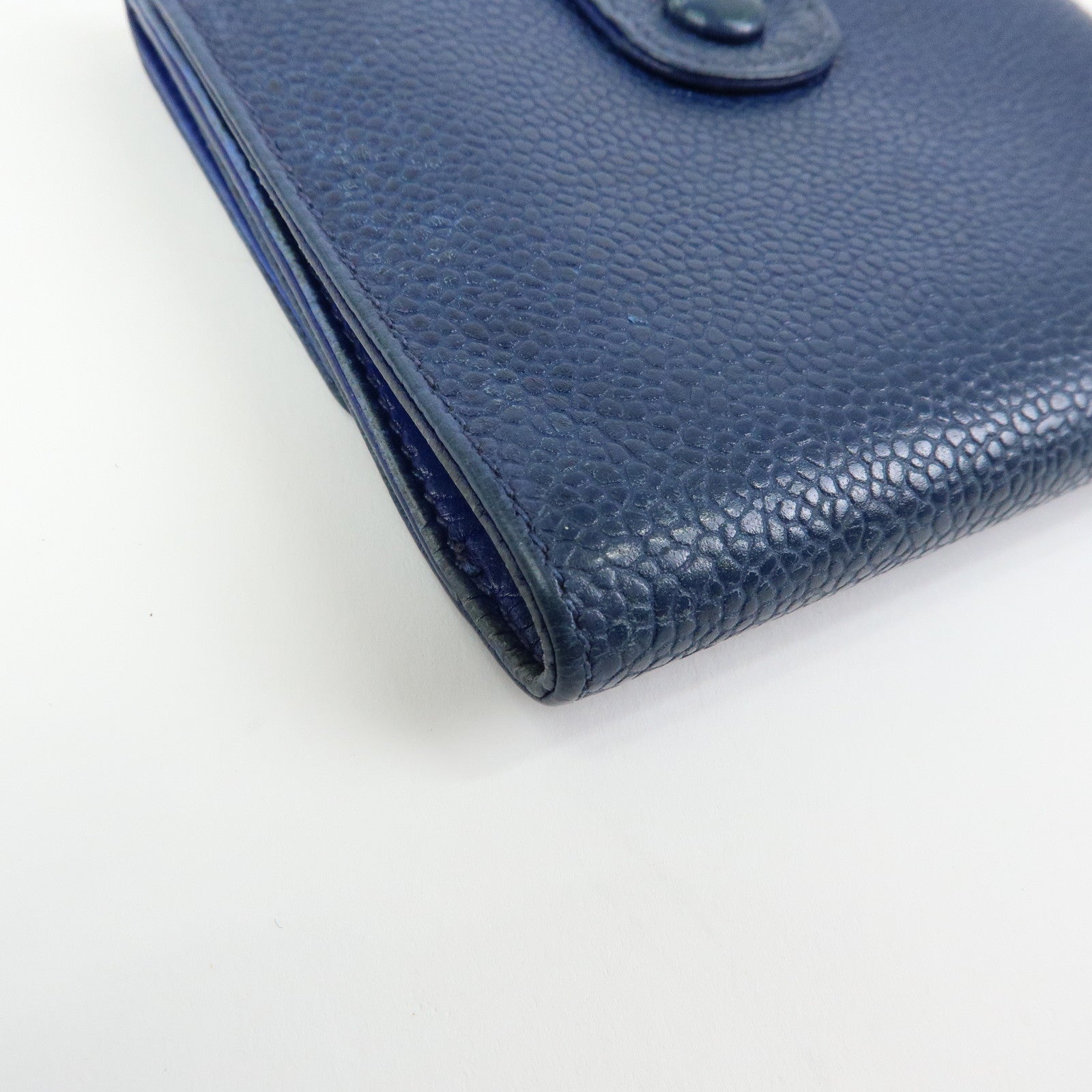 CHANEL COCO Mark Caviarskin W Hook Compact Wallet Navy A01427