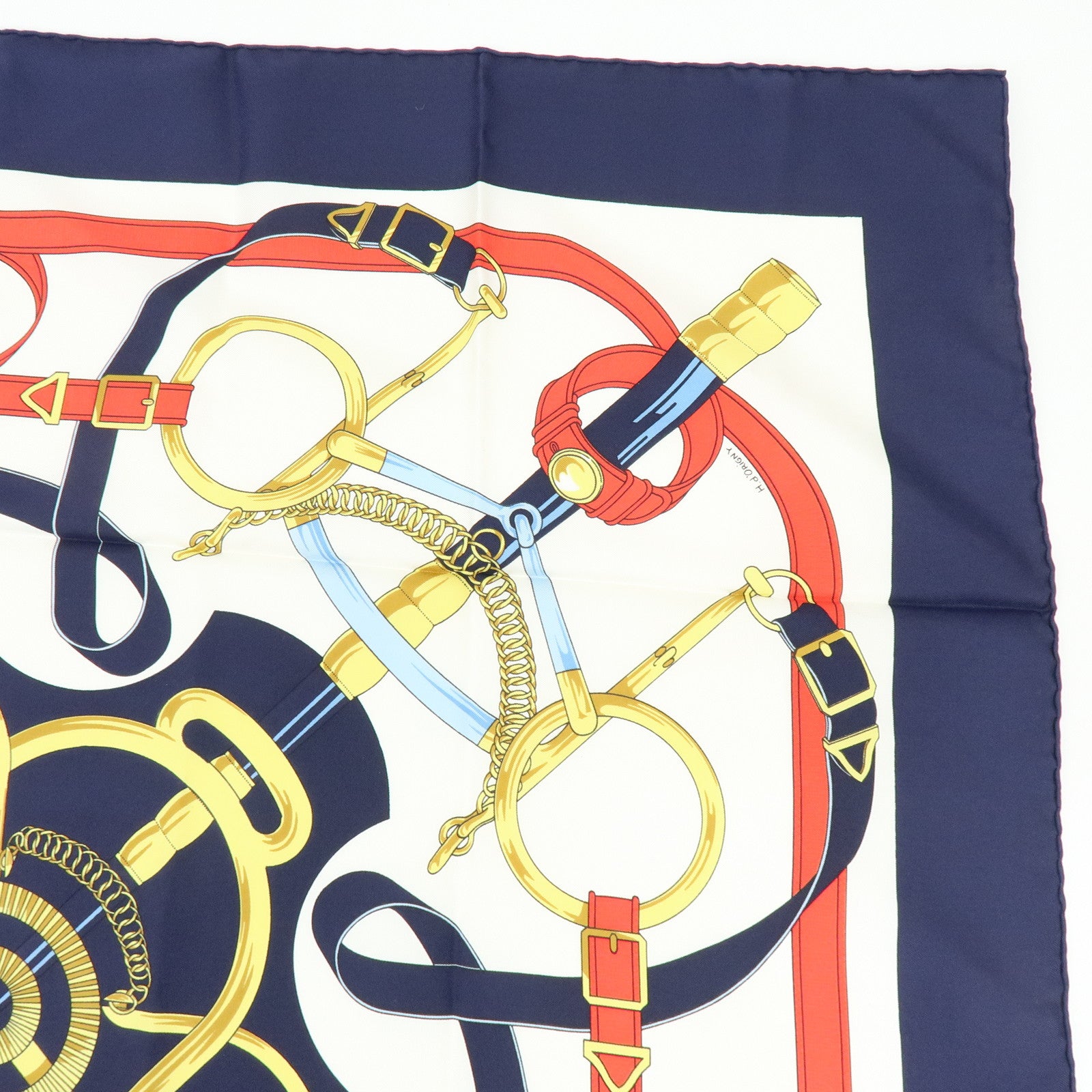 HERMES Carre 90 Silk 100% Scarf  Eperon d'or Navy White Yellow Red