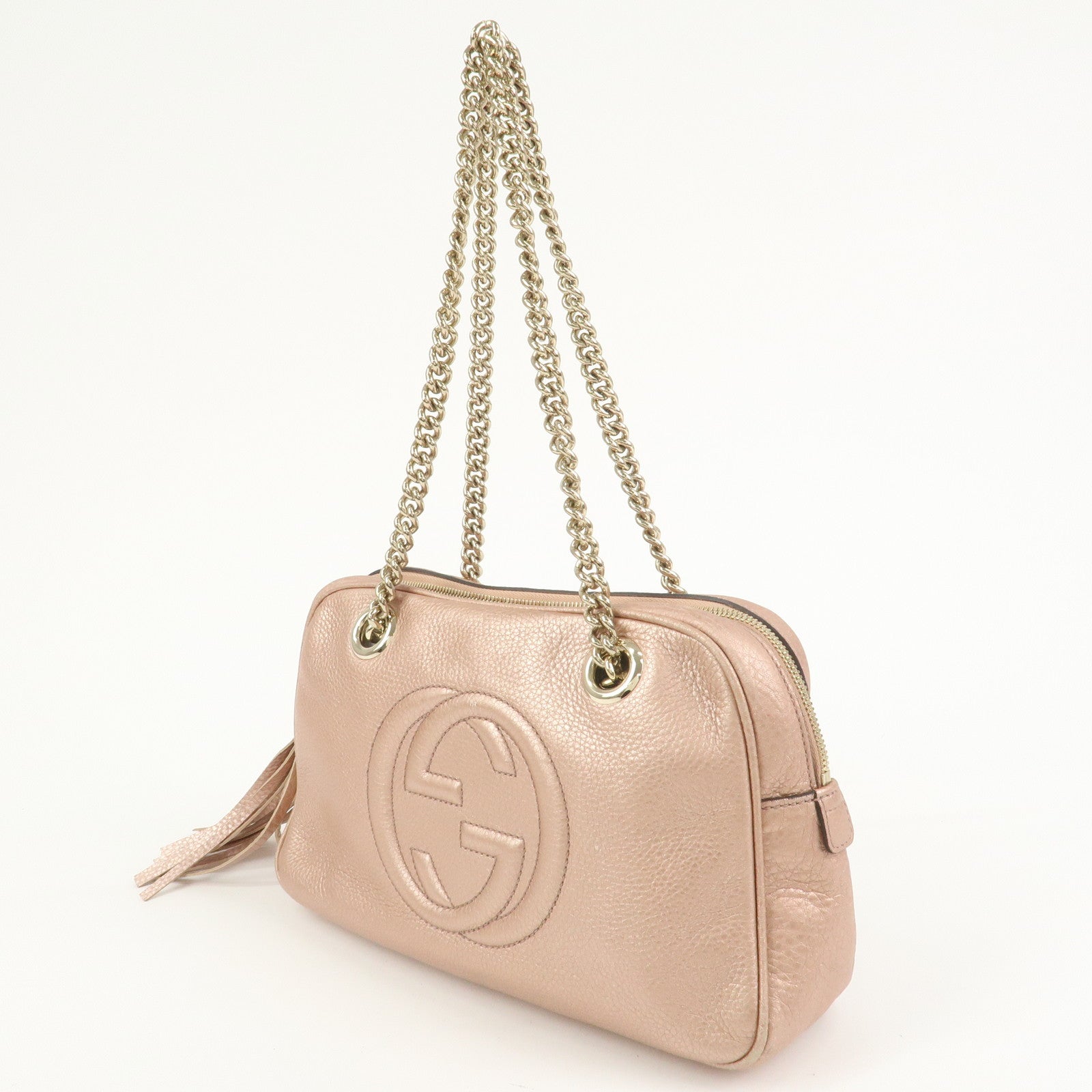 GUCCI SOHO Interlocking G Leather Shoulder Bag Metallic Pink 308983