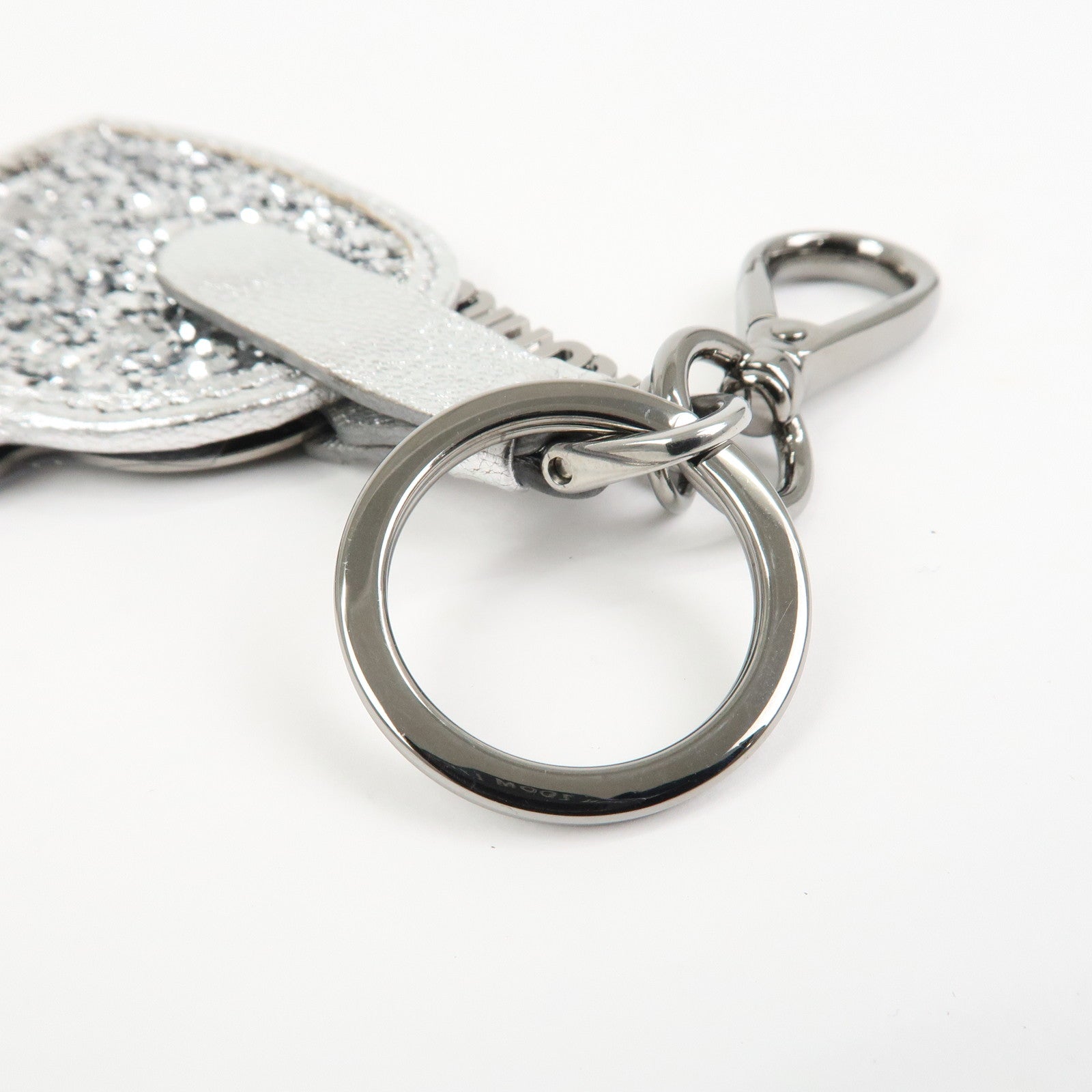 MIU MIU Heart Motif Glitter Leather Key Chain Bag Charm Silver