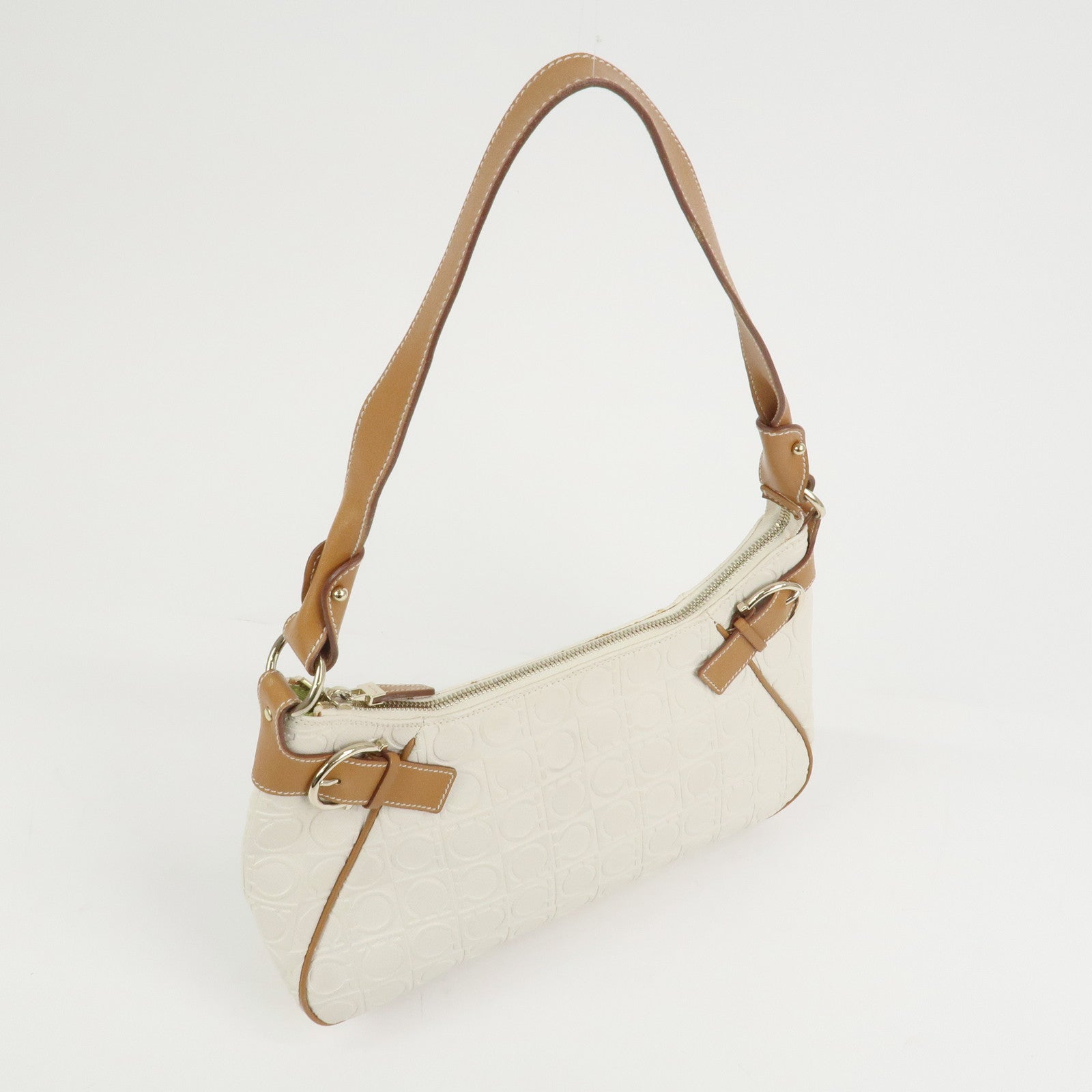 Ferragamo Gancini Logo Leather Shoulder Bag Hand Bag White