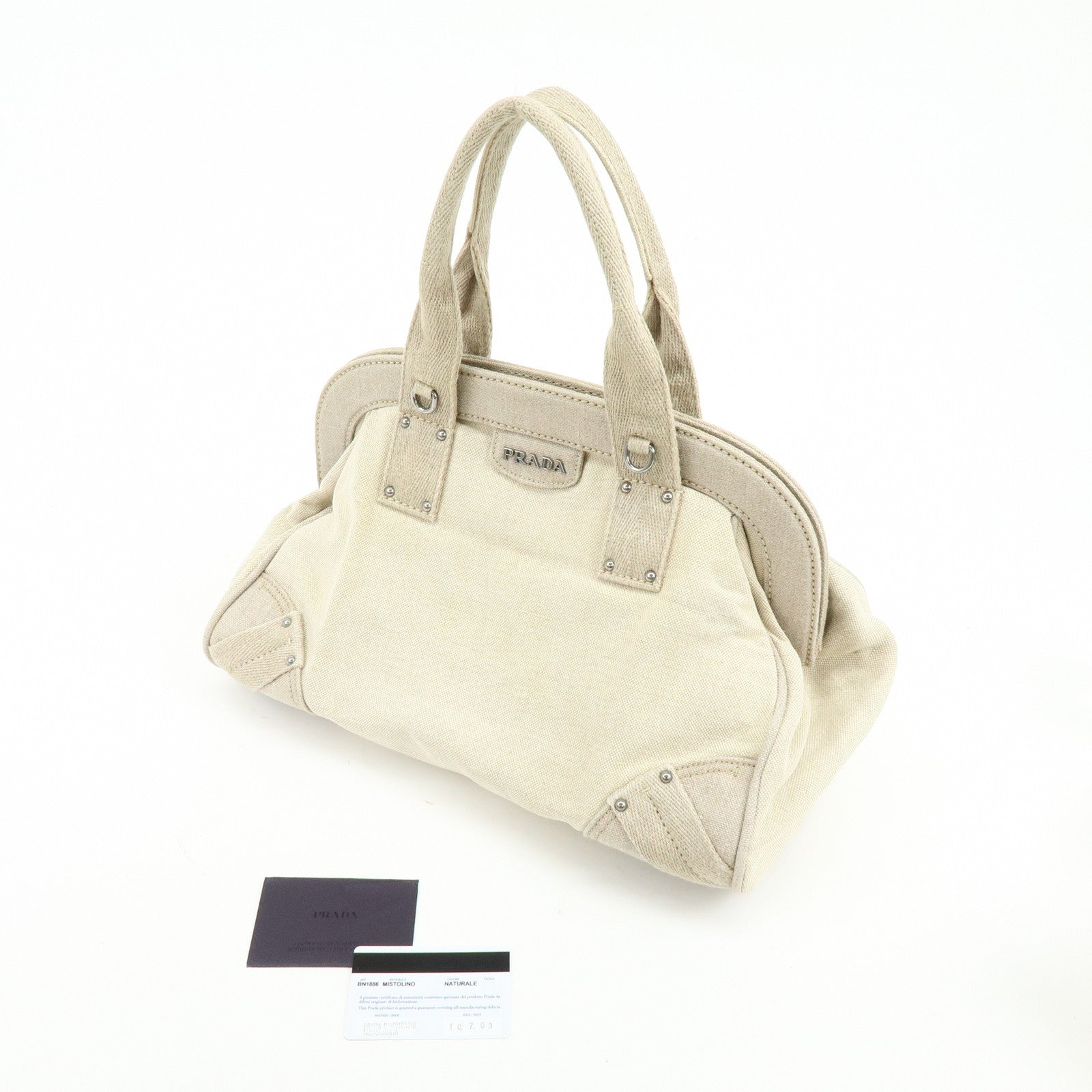 PRADA Denim Boston Bag Hand Bag Natural BN1886