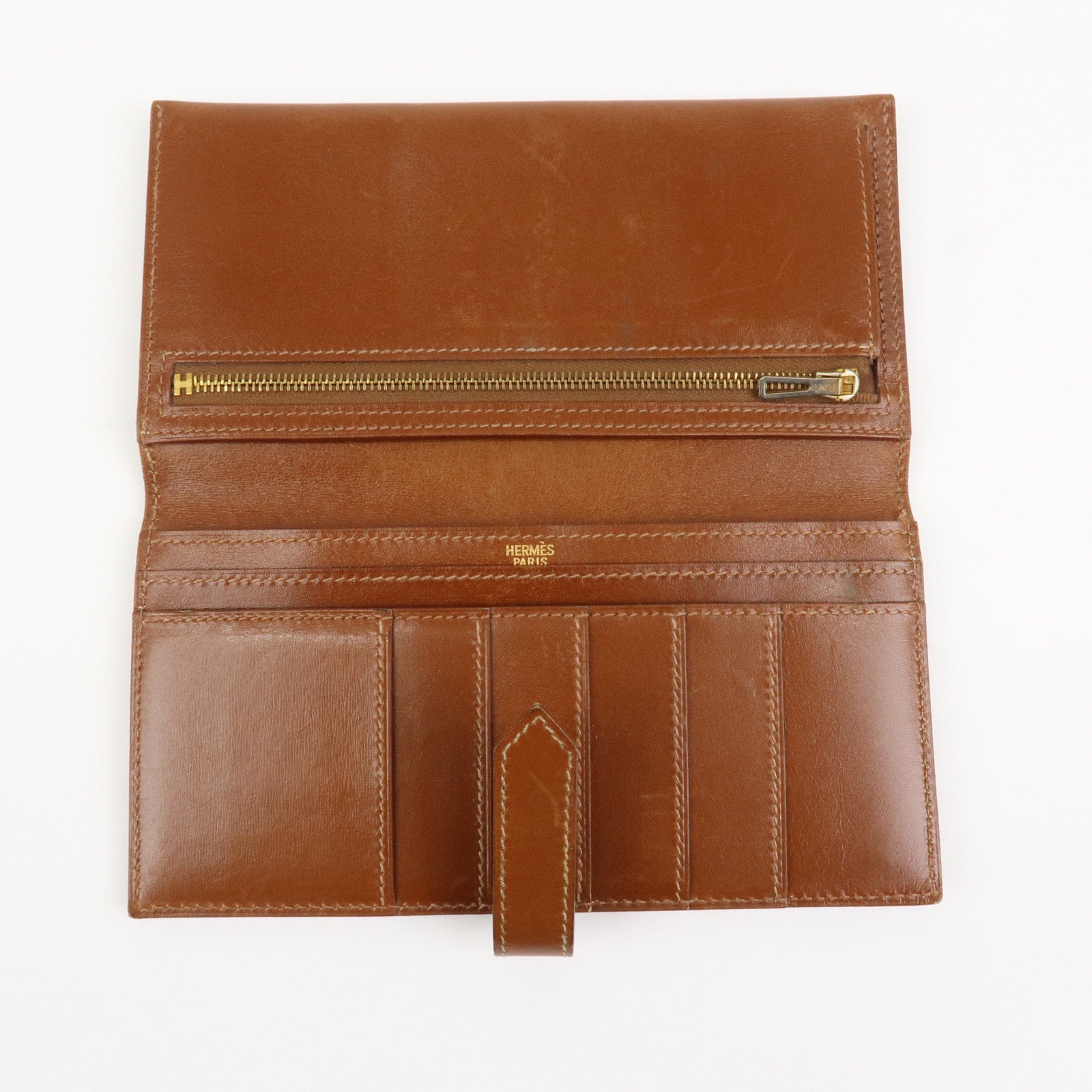 HERMES Bearn Classic Box Calf □O Stamped Bi-Fold Long Wallet Brown