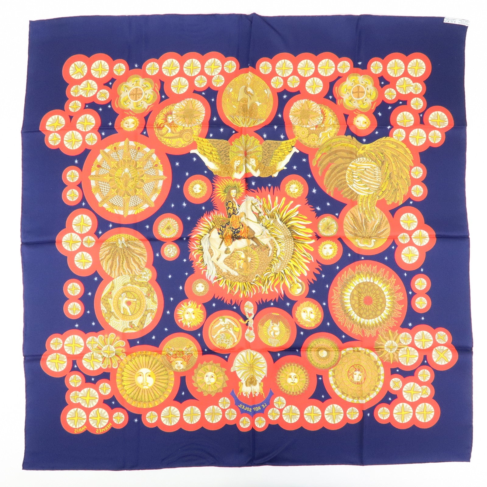 HERMES Carre 90 Silk 100% Scarf LE ROY SOLEIL Navy Red Yellow