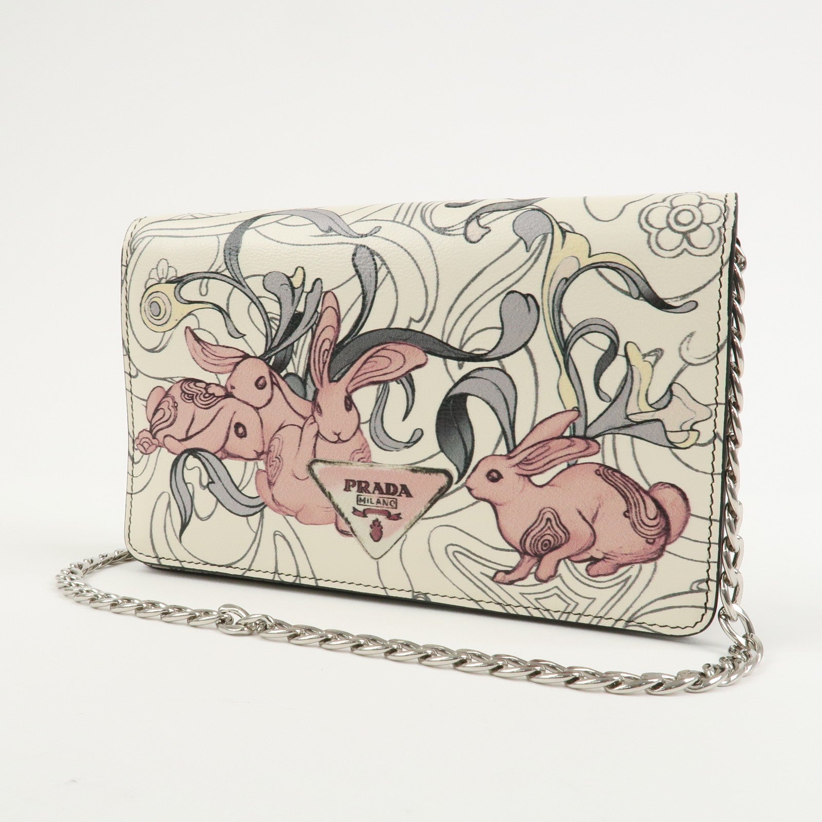 PRADA Leather Chain Shoulder Bag Crossbody Bag Rabbit Ivory 1BP012