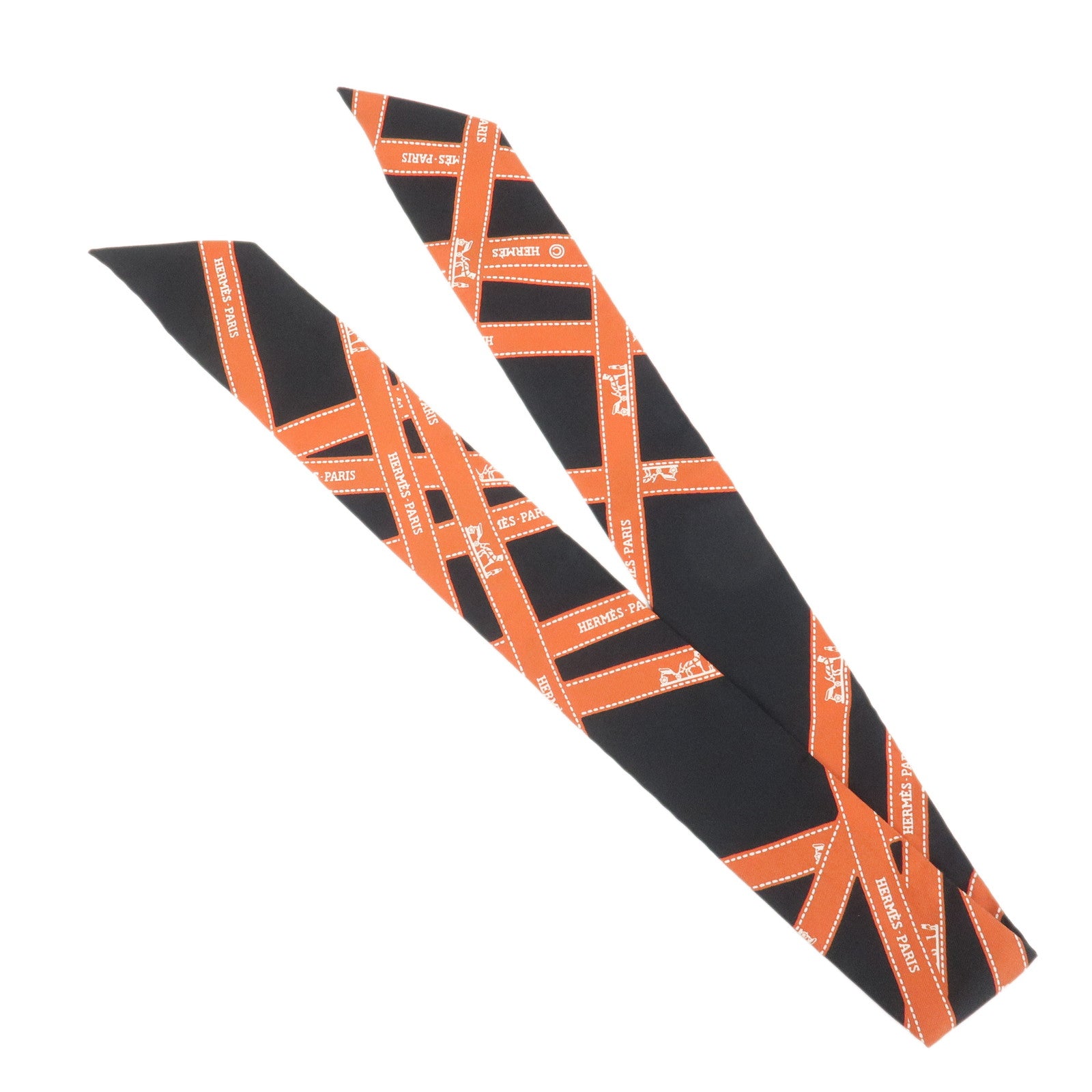 HERMES Twilly Silk 100% Bolduc Scarf Black Orange