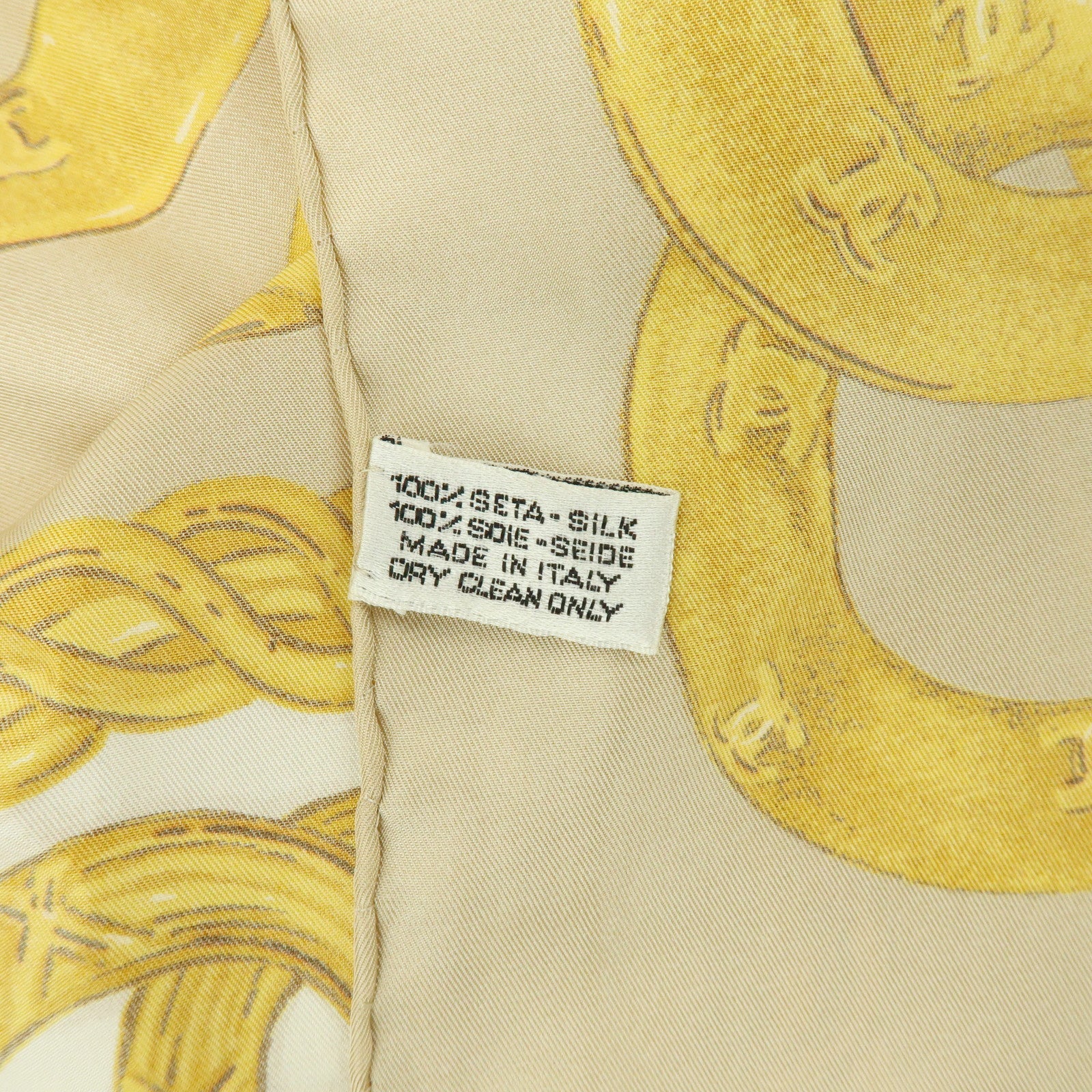 CHANEL COCO Mark Silk 100% Scarf Chain Pattern Yellow Beige