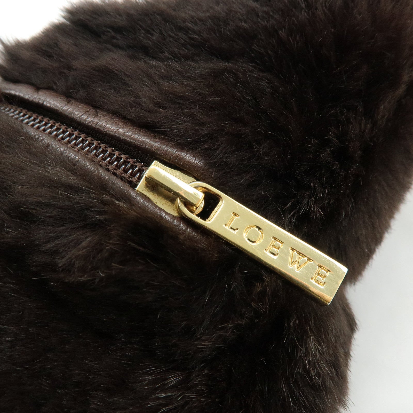 LOEWE Fur Nappa Leather Hand Bag Dark Brown