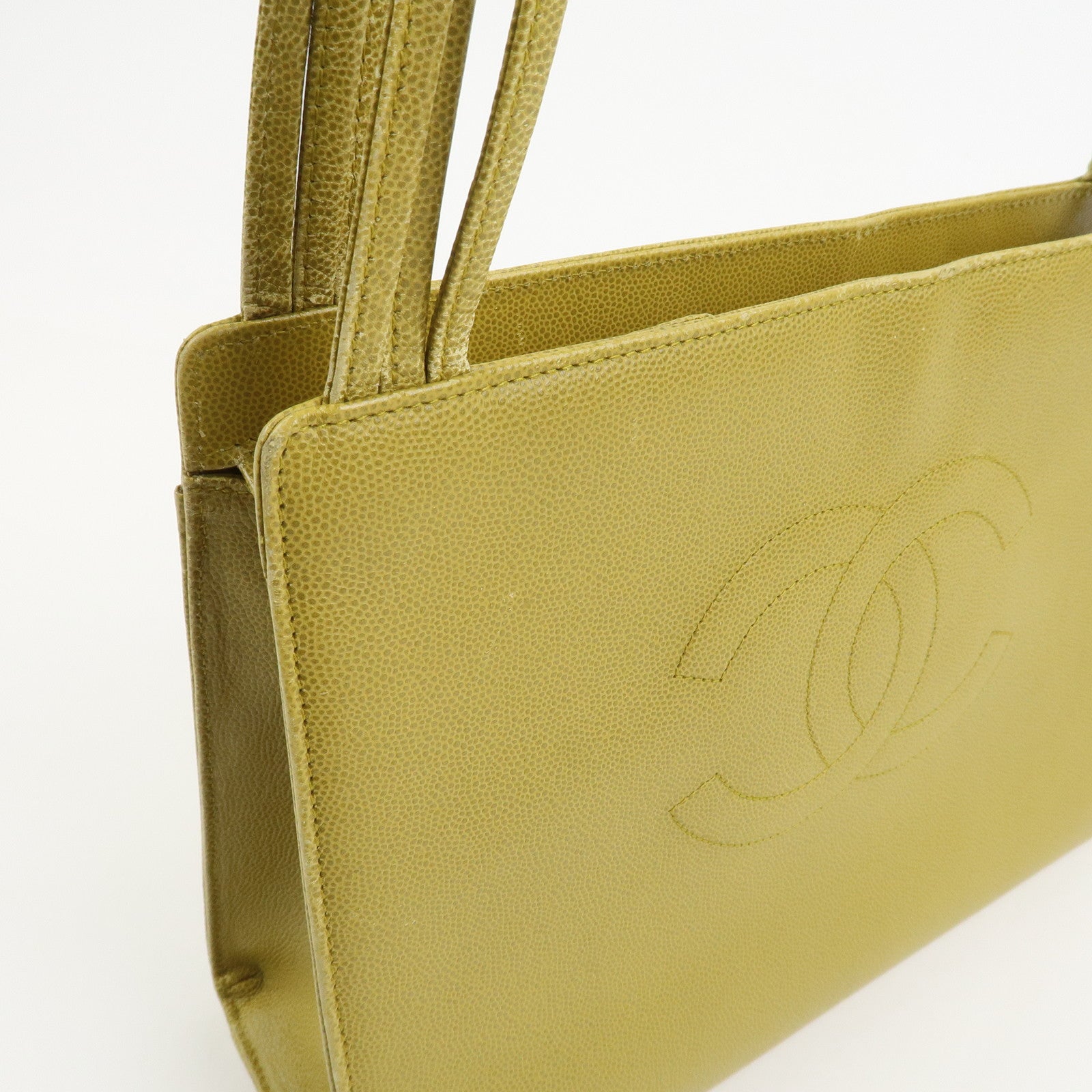 CHANEL COCO Mark Caviaskin Leather Tote Bag Hand Bag Yellow