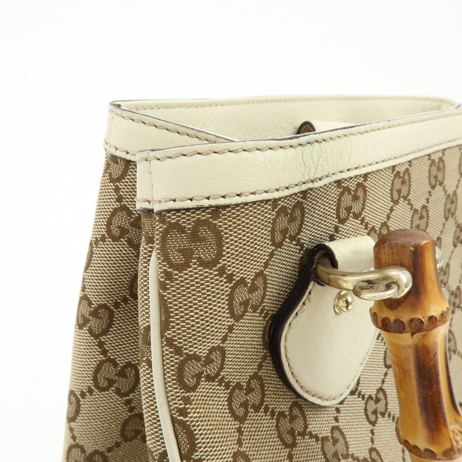 GUCCI Bamboo GG Canvas Leather 2Way Hand Shoulder Bag White 308360
