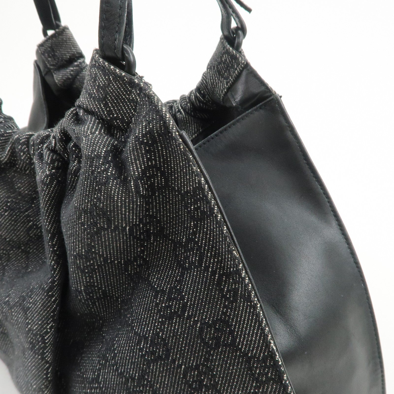 GUCCI GG Monogram Denim Canvas Leather Tote Hand Bag Black 76554
