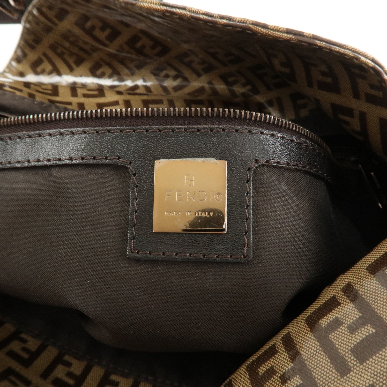 FENDI Zucchino PVC Canvas Leather Shoulder Bag Brown 8BR002