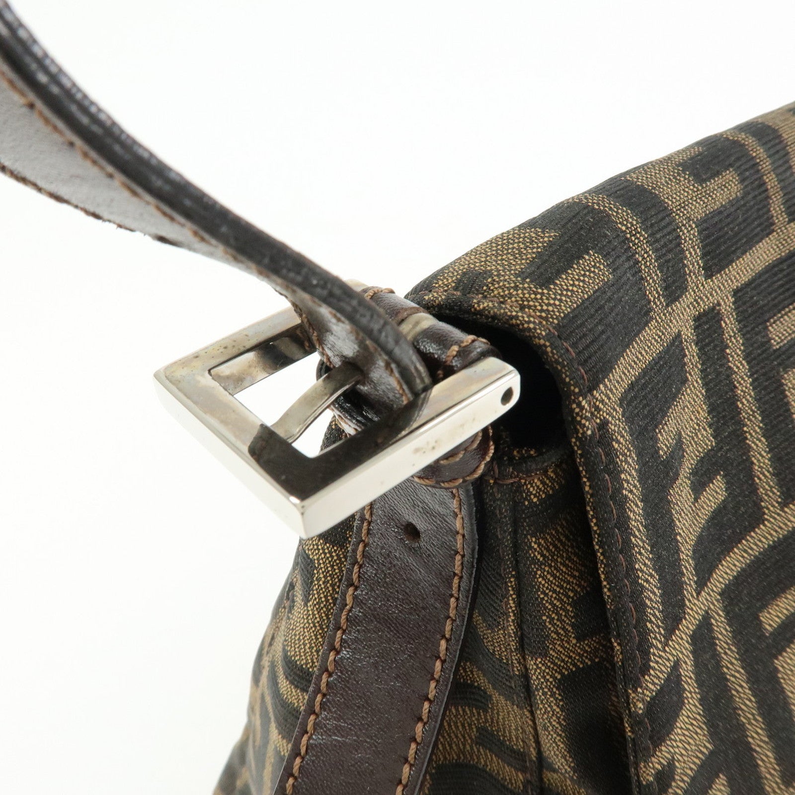 FENDI Mamma Baguette Zucca Canvas Leather Shoulder Bag Brown 26325