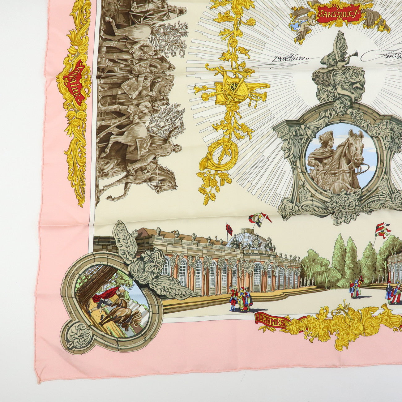 HERMES Carre 90 Silk 100% Scarf SANSSOUCY Pink White