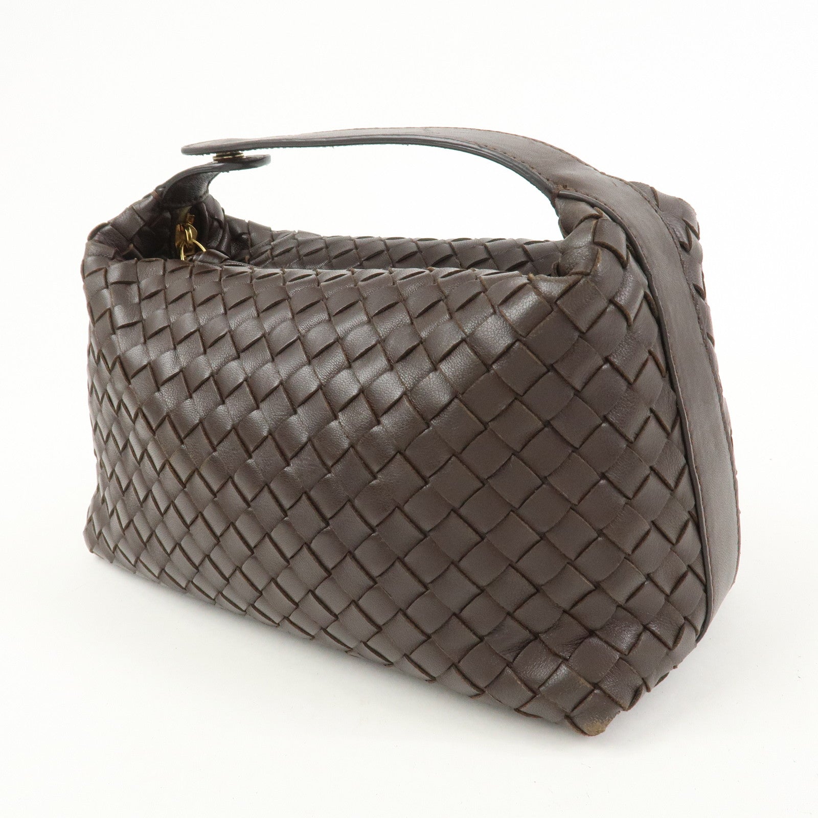 BOTTEGA VENETA Intrecciato Lamb Skin Hand Bag Boston Bag Dark Brown