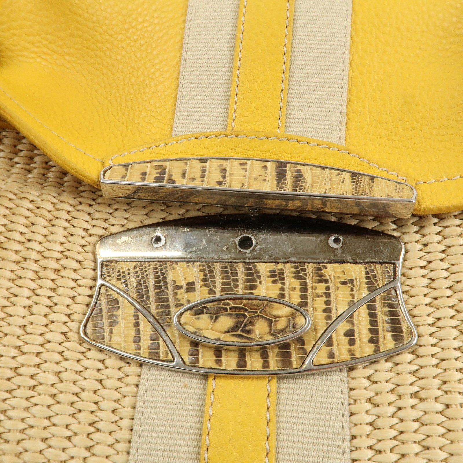 PRADA Triangle Logo Leather Raffia Tote Bag Beige Yellow Used