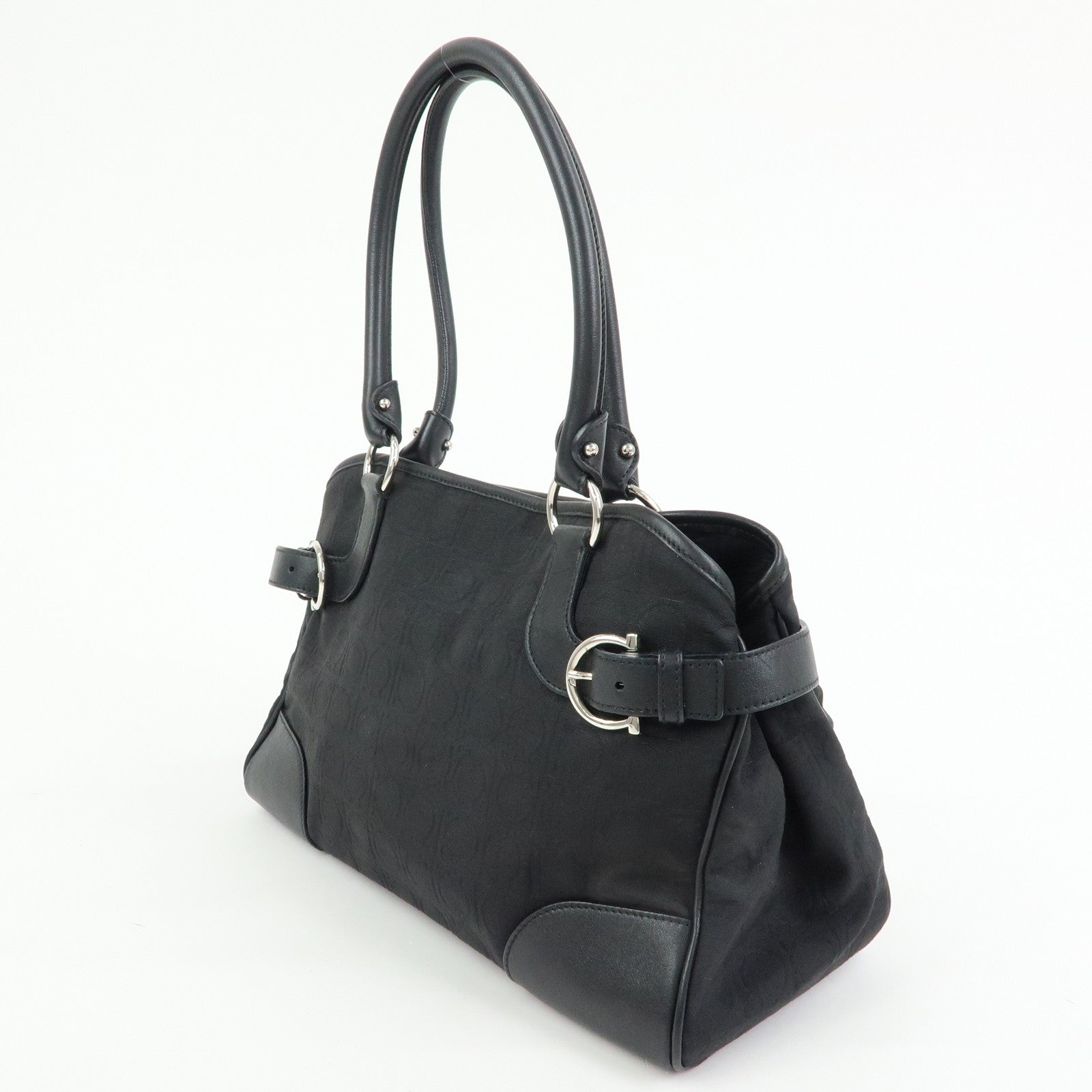 Ferragamo Ganchini Nylon Leather Shoulder Bag Hand Bag Black