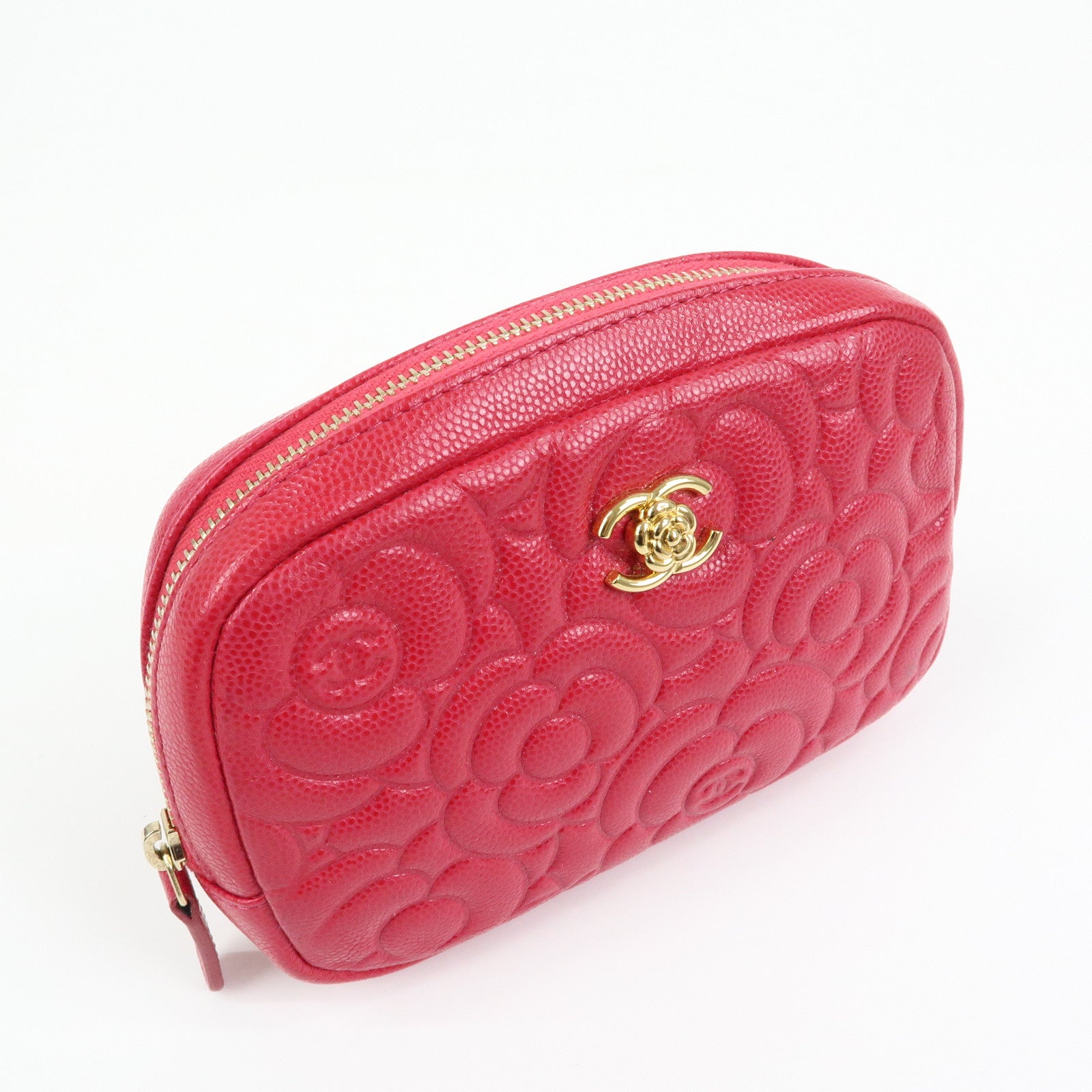 CHANEL Camellia COCO Mark Caviarskin Cosmetic Accessory Pouch Pink
