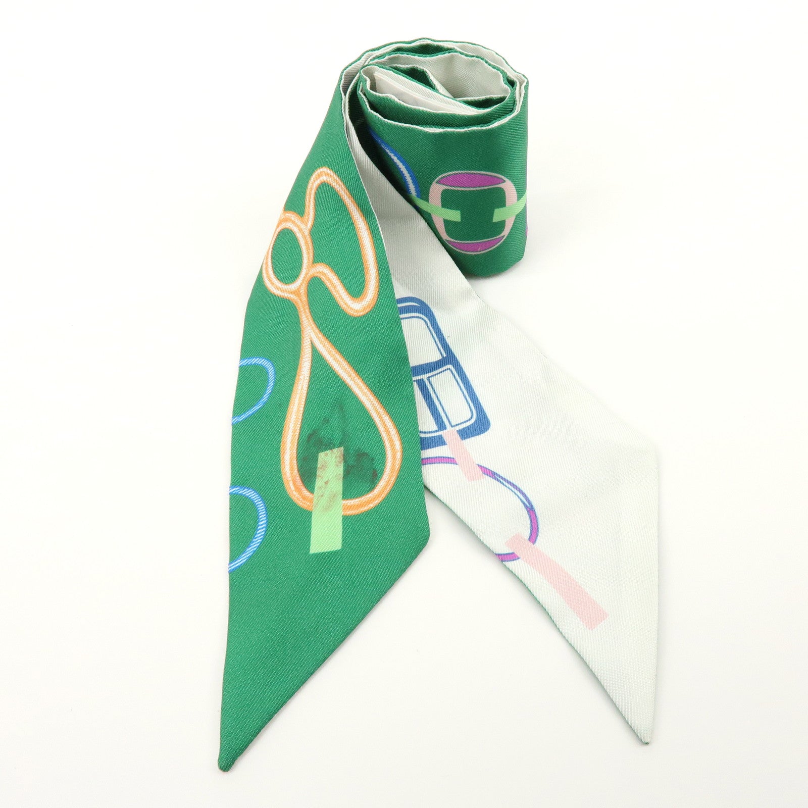 HERMES Twilly Silk 100% Scarf DO RE BOUCLES Green Ivory