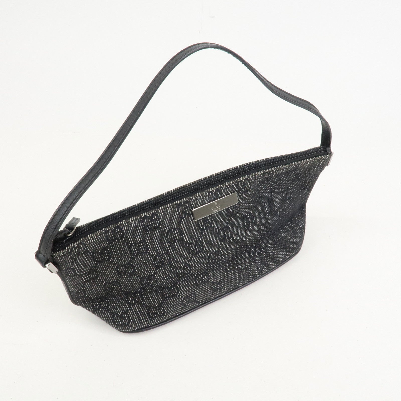 GUCCI Boat Bag Logo GG Canvas Leather Pouch Hand Bag Black 07198