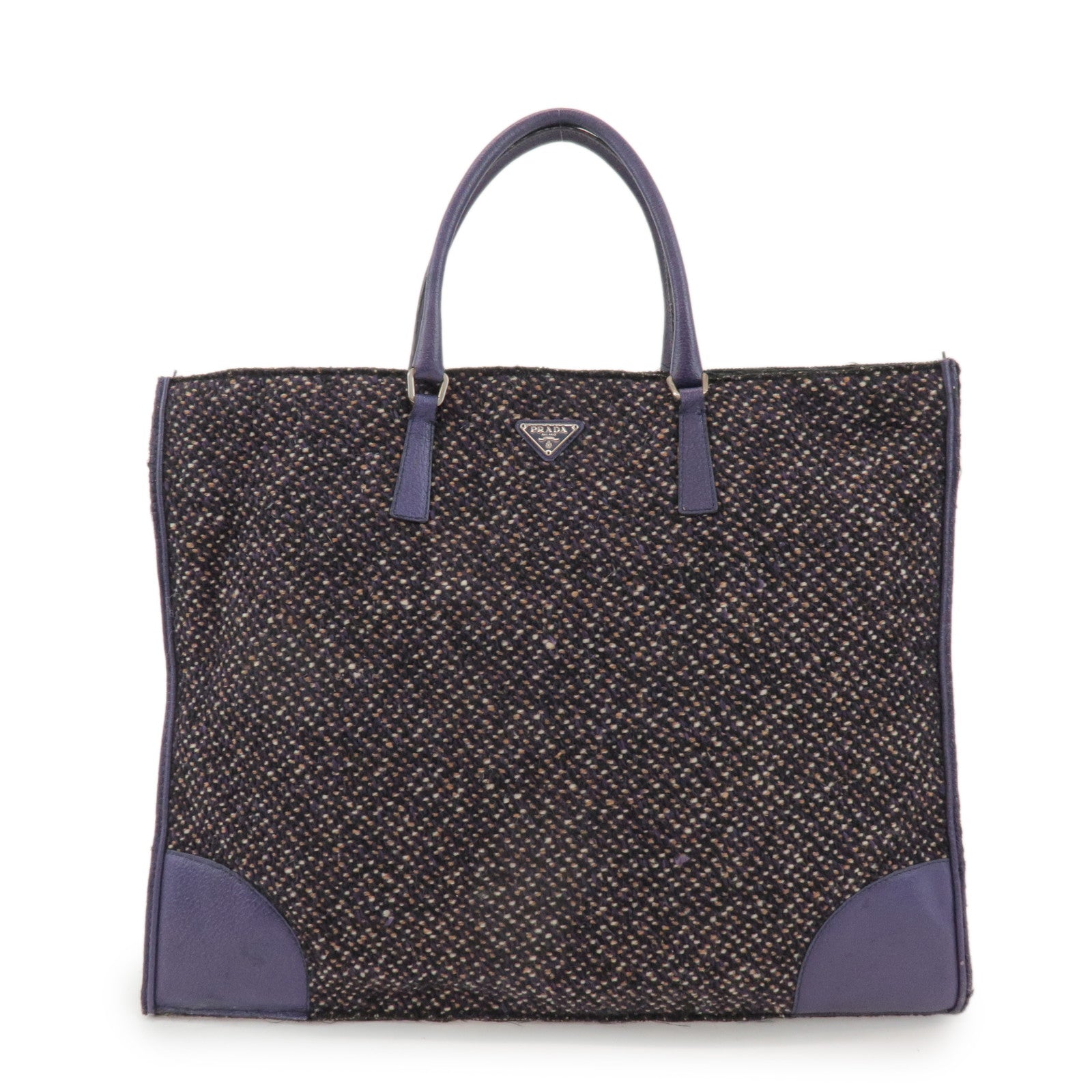 PRADA Triangle Logo Wool Leather Tote Bag Hand Bag Purple