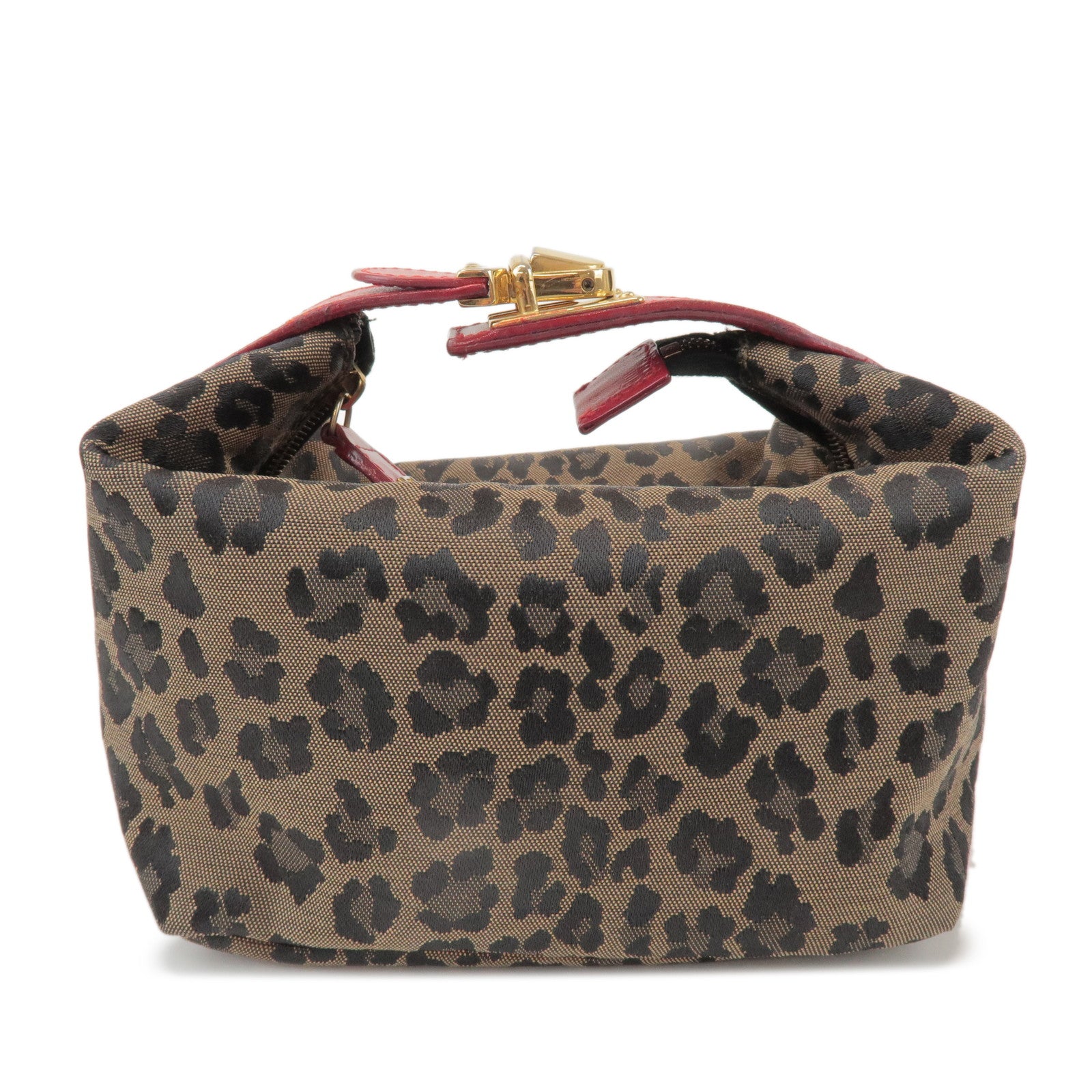 FENDI Canvas Leather Leopard Hand Bag Cosmetic Pouch Brown 26360