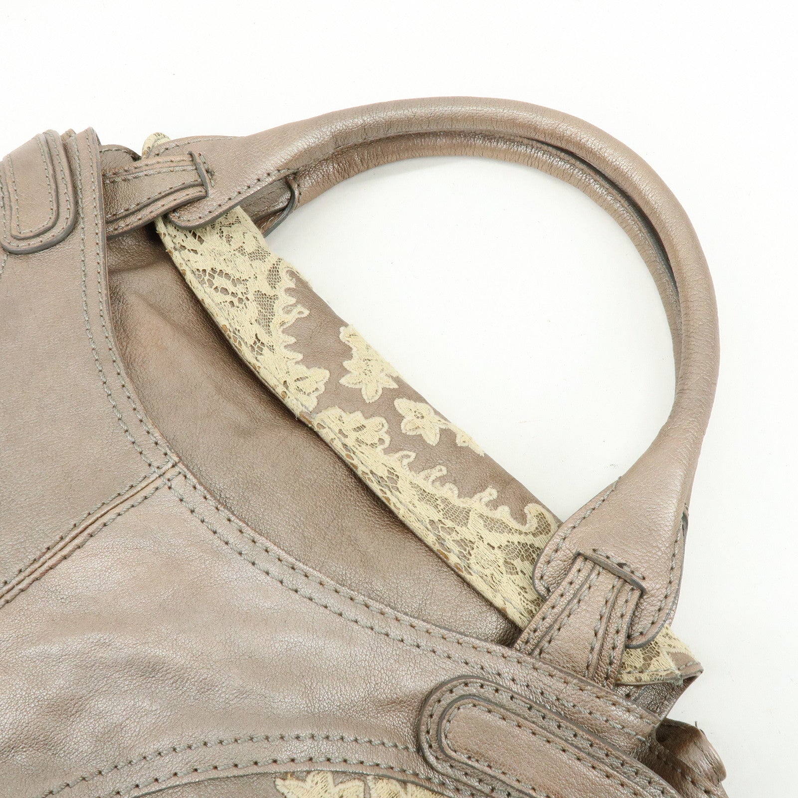 VALENTINO Flower Embroidery Leather Hand Bag Shoulder Bag Greige