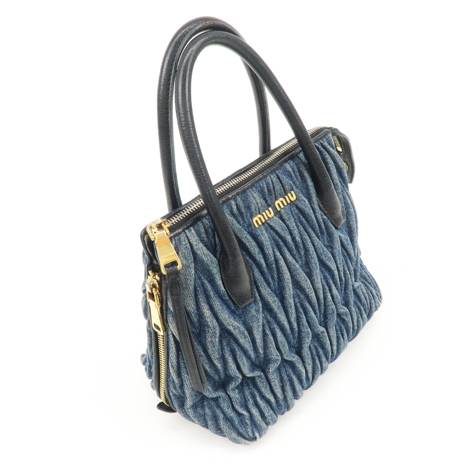 MIUMIU Matelasse Leather Denim 2Way Bag Black Indigo Blue 5BA003 Used