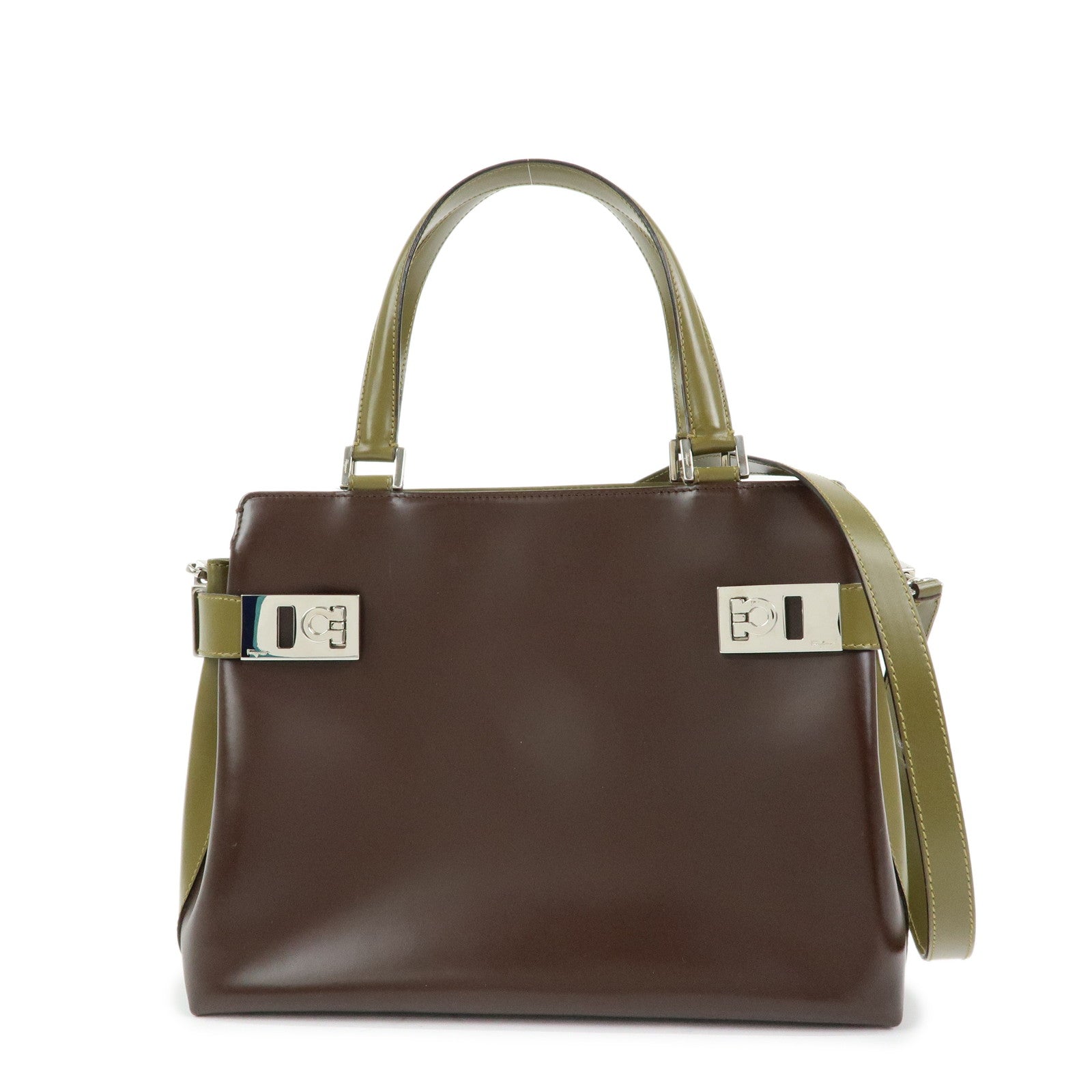 Ferragamo Gancini Leather 2Way Hand Bag Shoulder Bag Brown Khaki