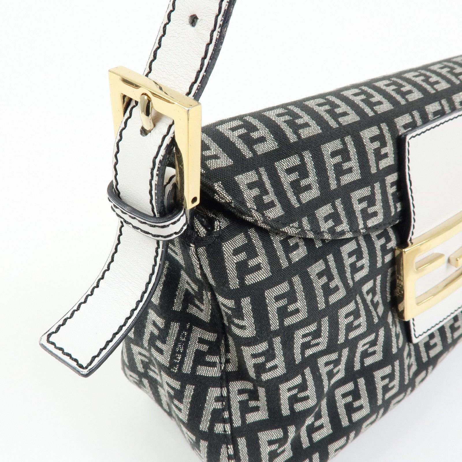 FENDI Zucchino Canvas Leather Shoulder Hand Bag Black White 8BR003