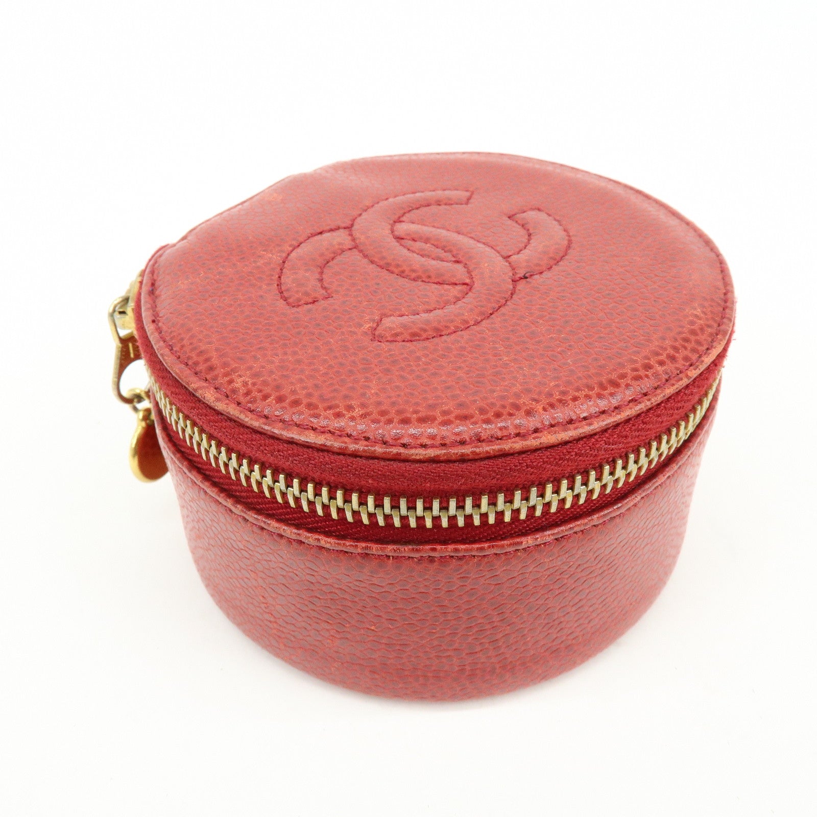 CHANEL COCO Mark Caviarskin Cosmetic Pouch Jewelry Case Red