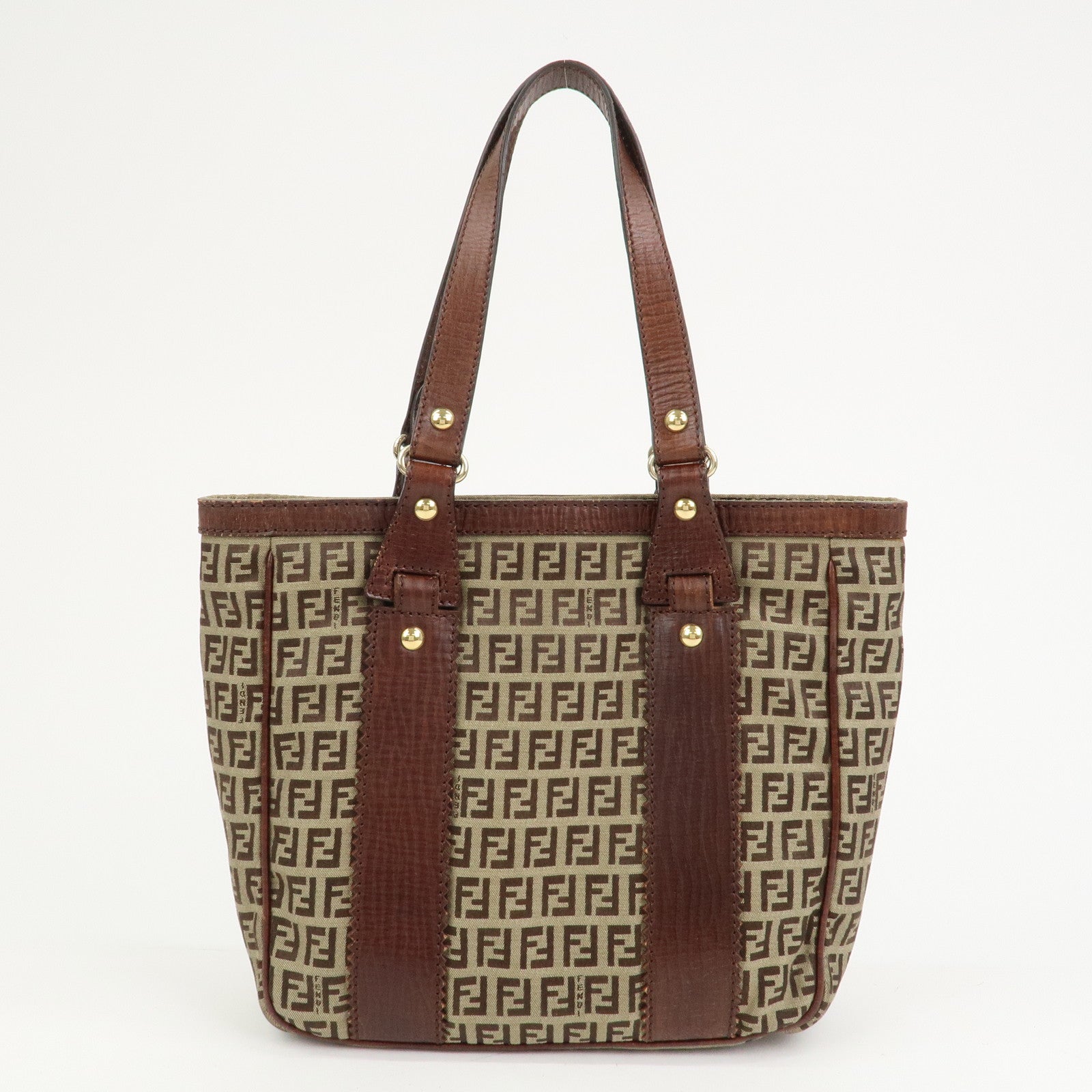 FENDI Zucchino Canvas Leather Tote Bag Shoulder Bag Brown 8BH161