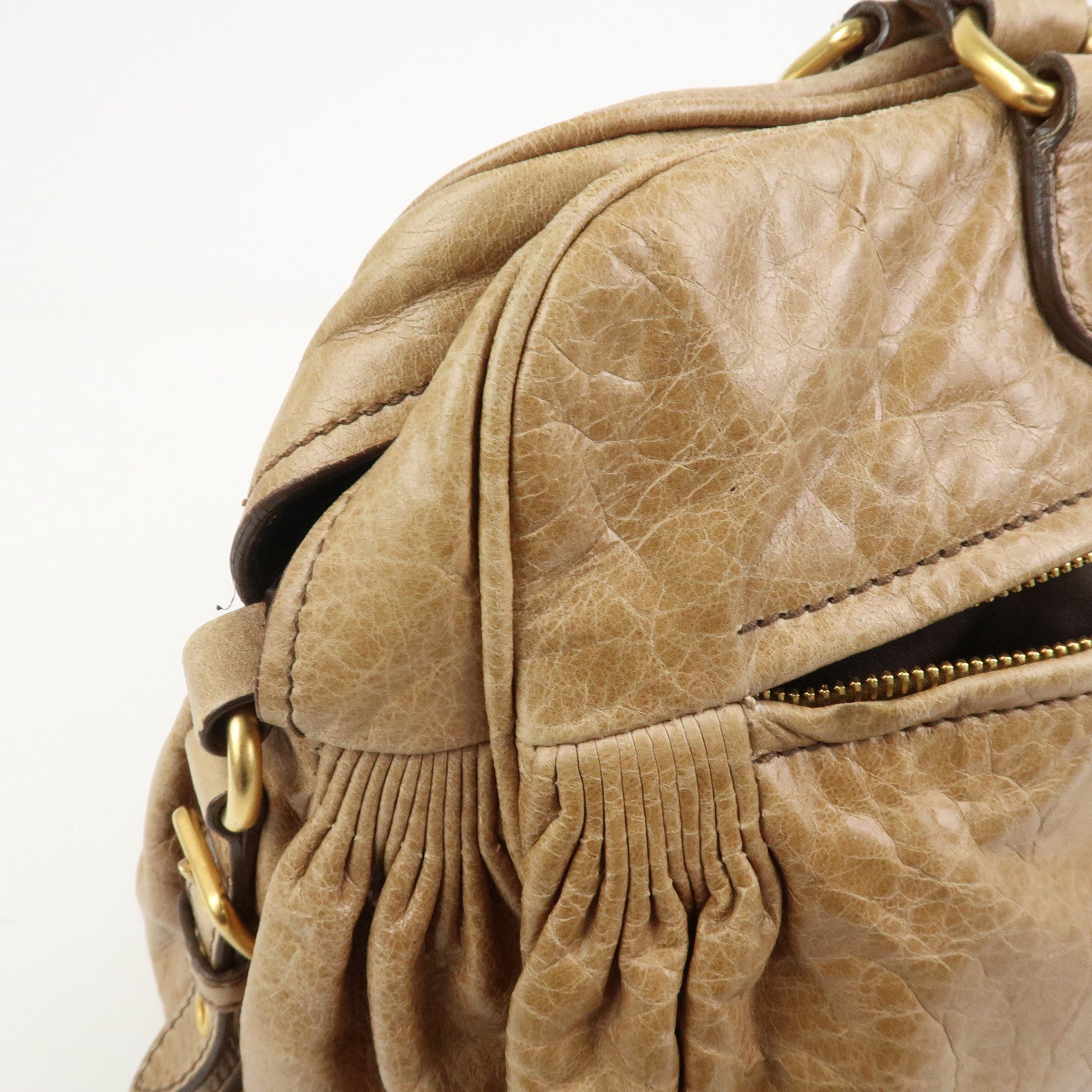 MIU MIU Logo Leather Hand Bag Boston Bag Light Brown