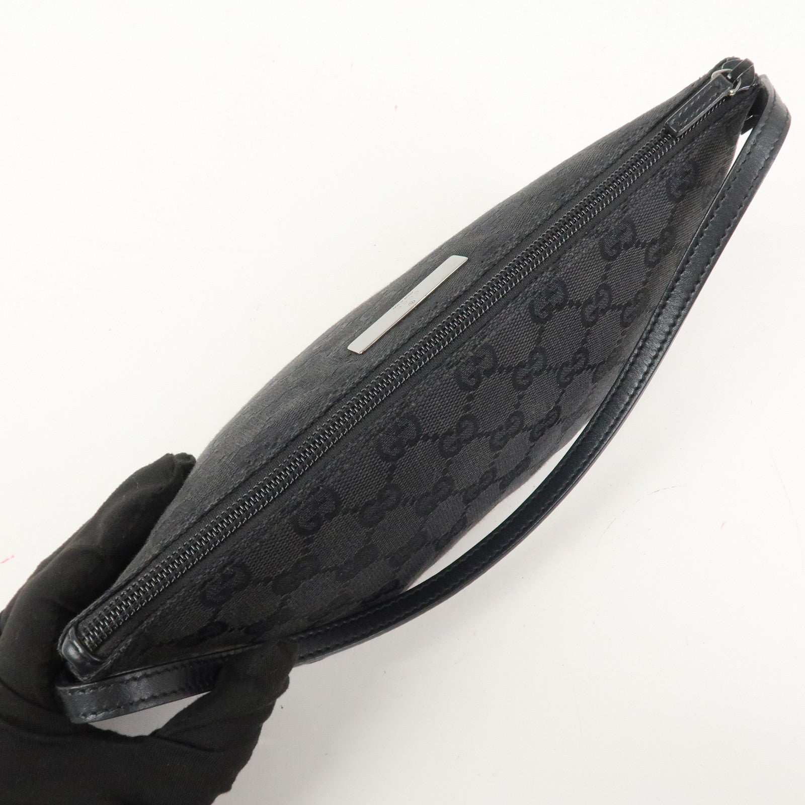 GUCCI Boat Bag GG Canvas Leather Hand Bag Pouch Black 07198