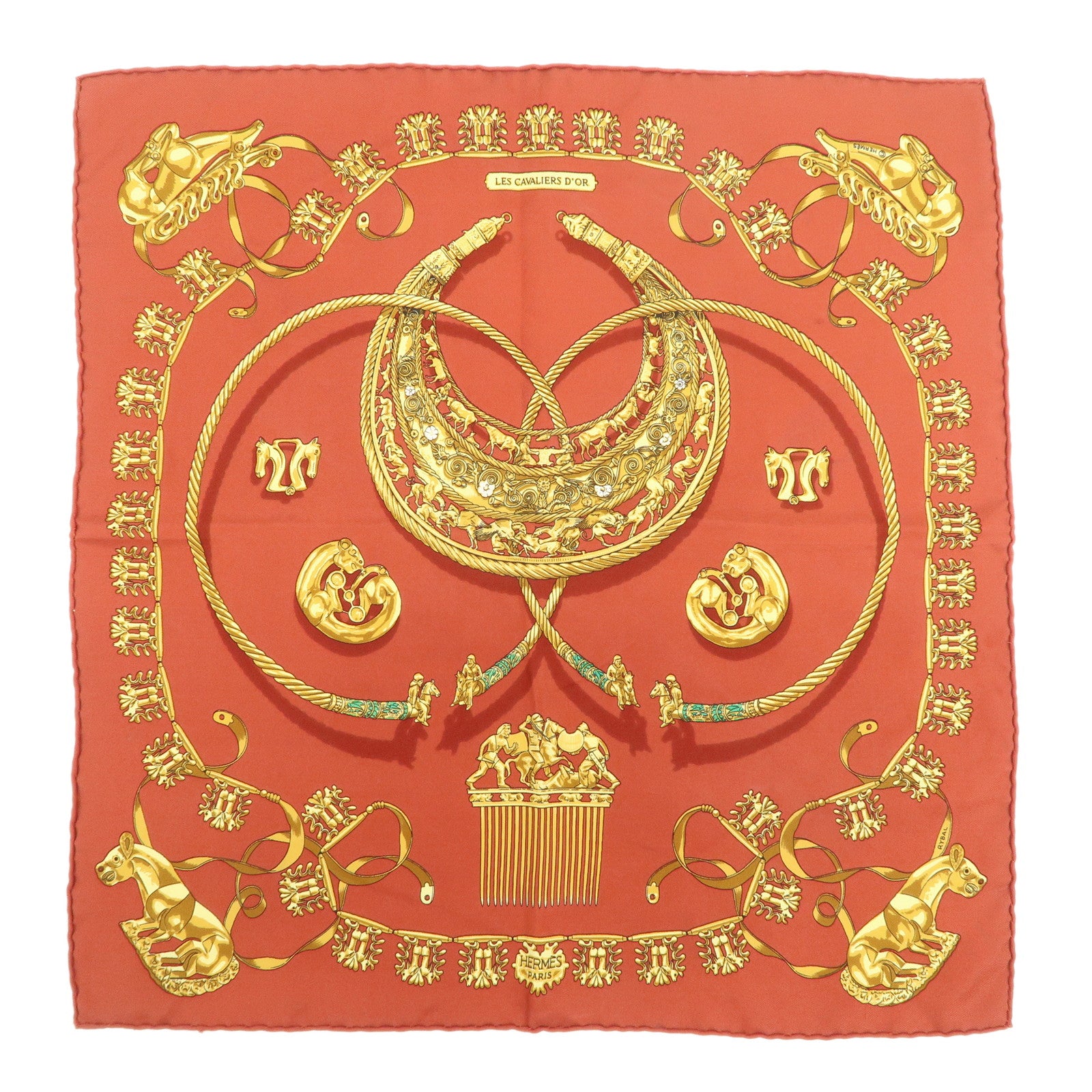 HERMES Carre 45 Silk 100% Scarf LES CAVALIERS D'OR Knight Motif Red