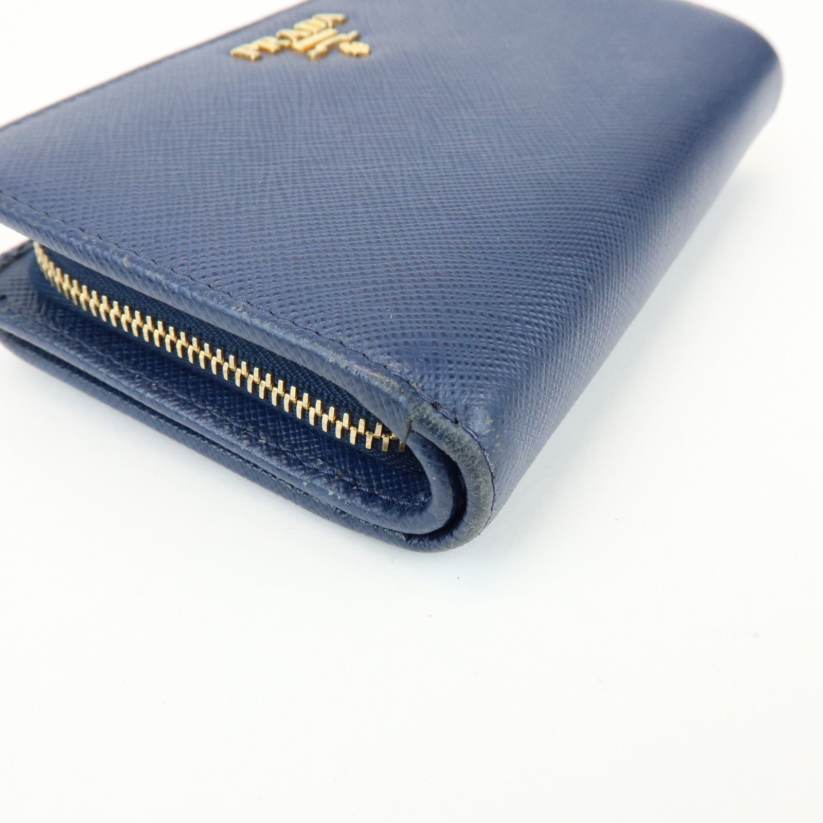 PRADA Saffiano Leather Compact Wallet Navy Gold 1ML225