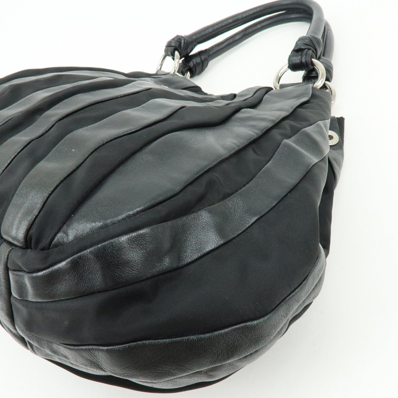 PRADA Logo Leather Nylon Tote Bag Shoulder Bag Black BR3994