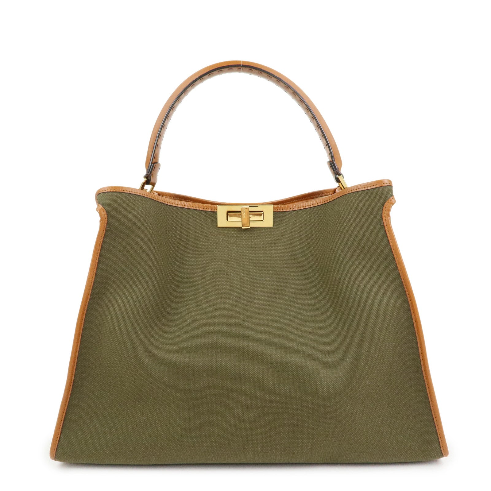 FENDI Peekaoo Canvas Leather Hand Bag Khaki Brown 8BN304