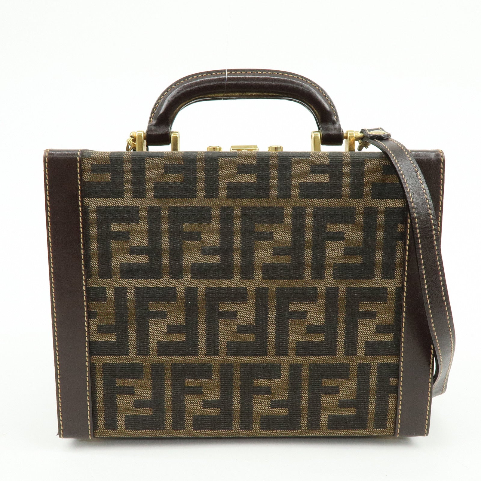 FENDI Zucca Canvas Leather Hand Bag Jewelry Box Brown Black