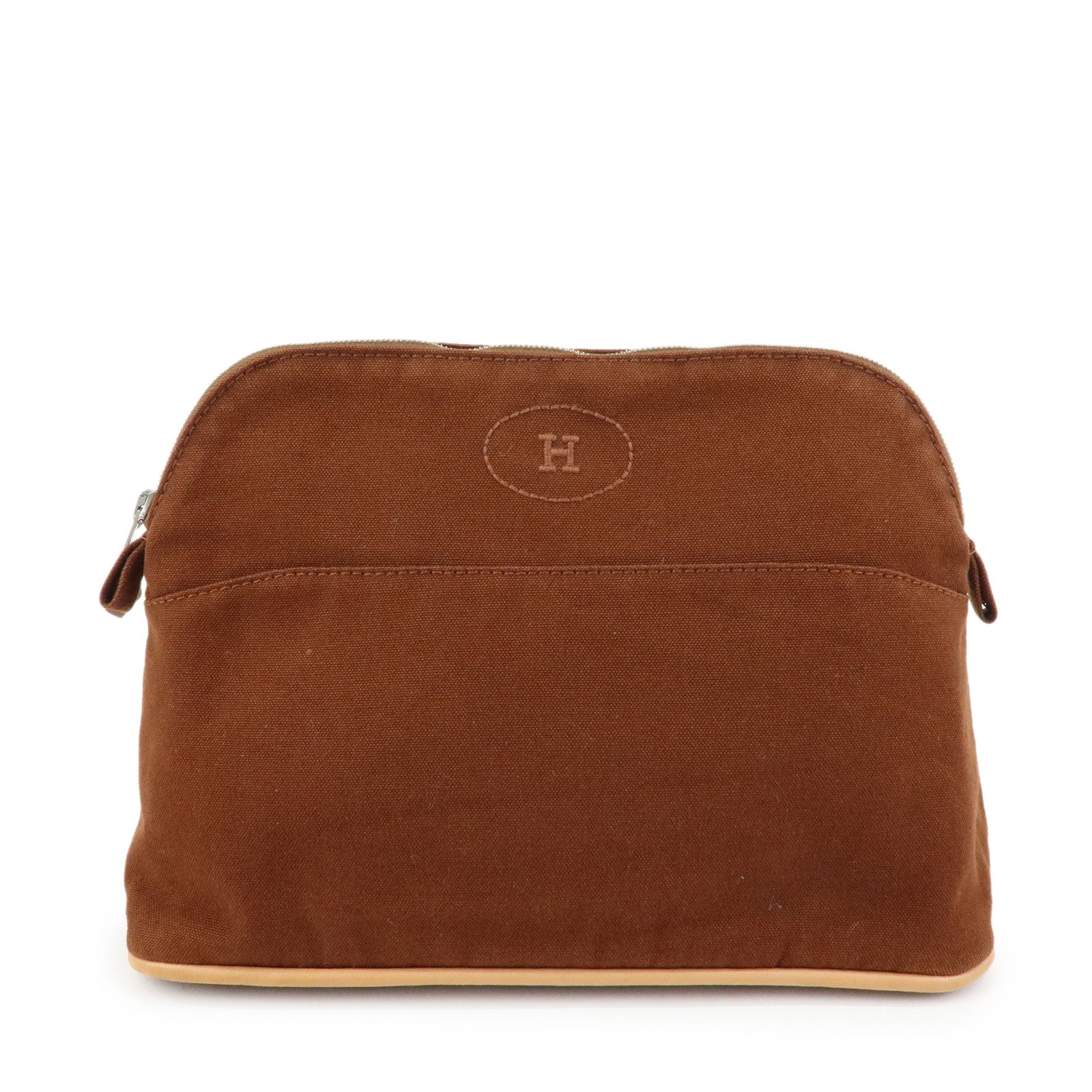 HERMES Bolide MM Cotton Leather Cosmetic Pouch Brown Beige