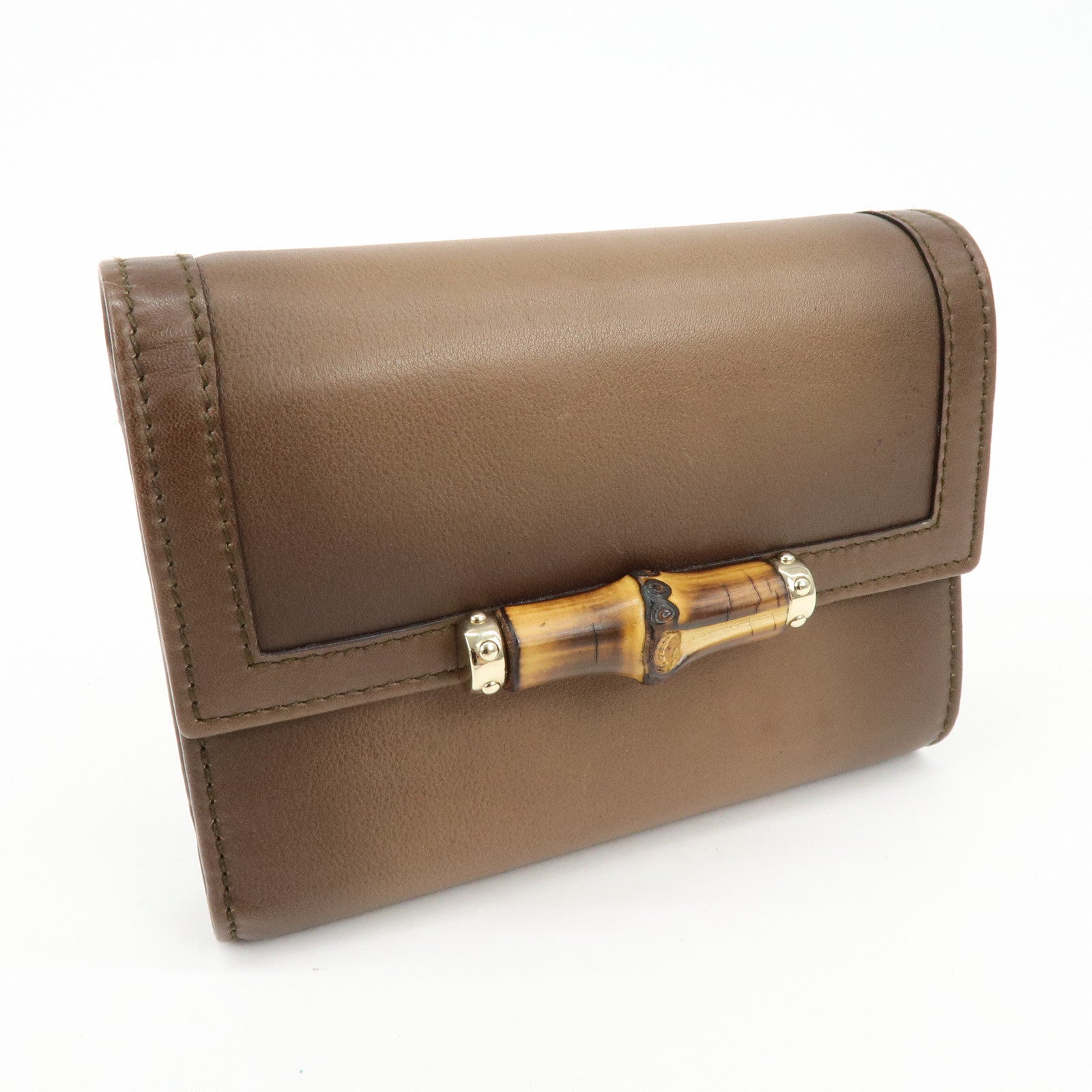 GUCCI Bamboo Leather Bi-fold Compact Wallet Brown 257017