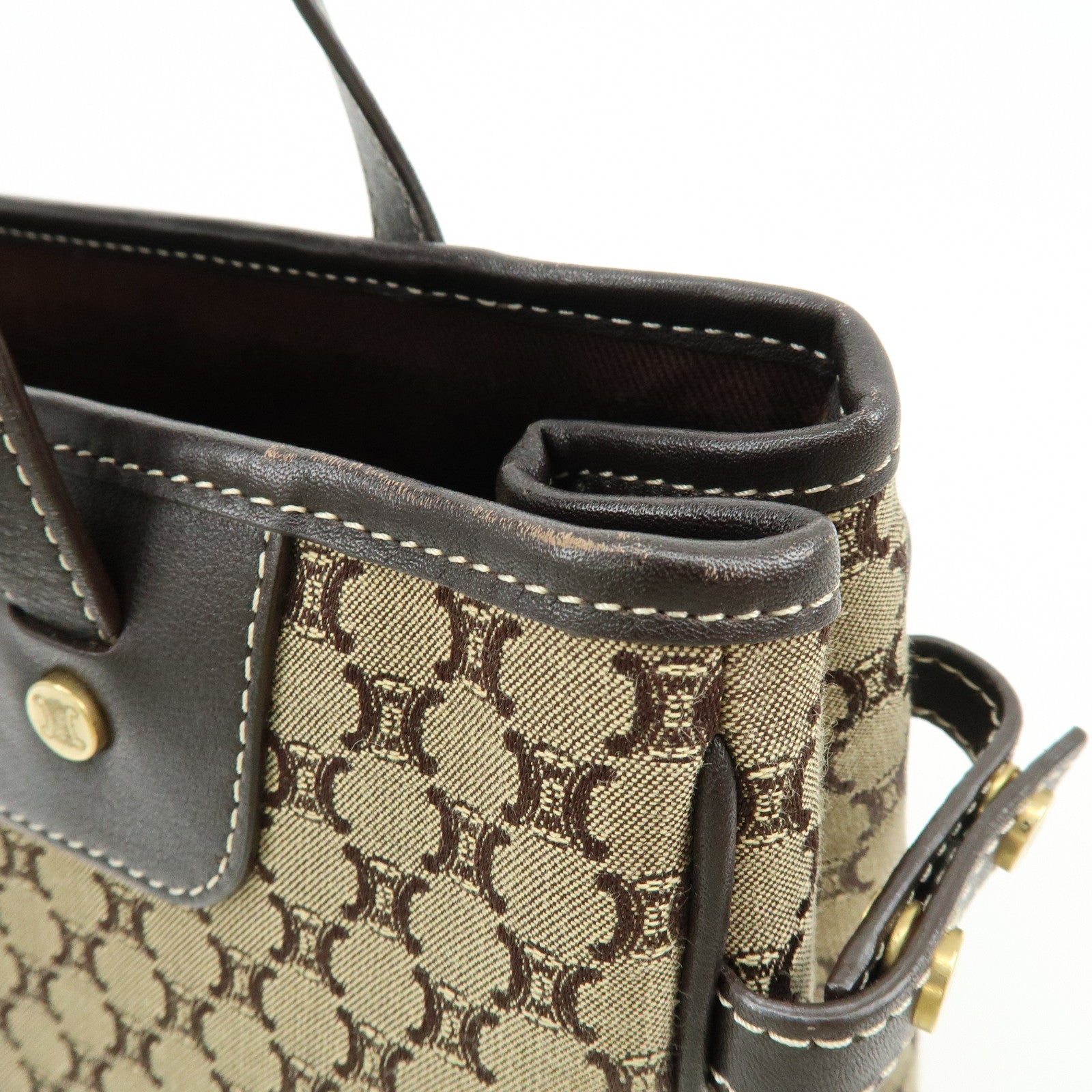 CELINE Macadam Canvas Leather Hand Bag Brown Beige