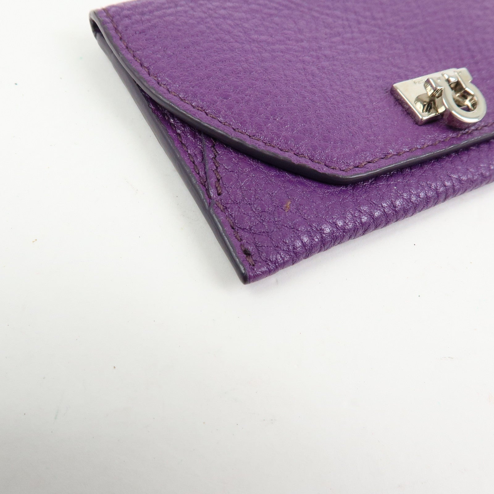 Ferragamo Gancini Leather Flap Button Card Case Purple Silver