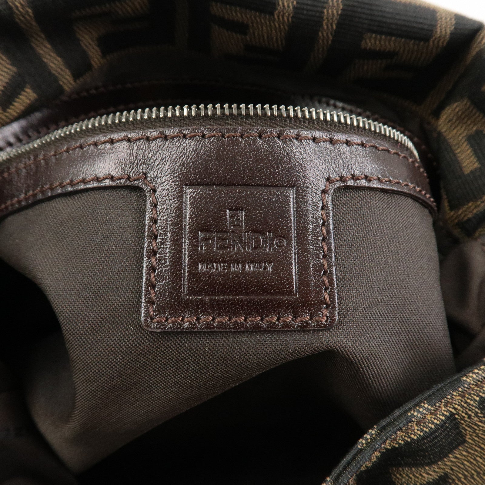 FENDI Mamma Baguette Zucca Canvas Leather Shoulder Bag Brown 26325