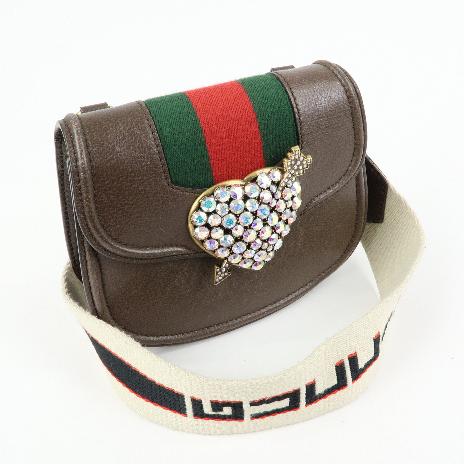 GUCCI Sherry Leather Shoulder Bag Totem Crystal Heart Brown 500756