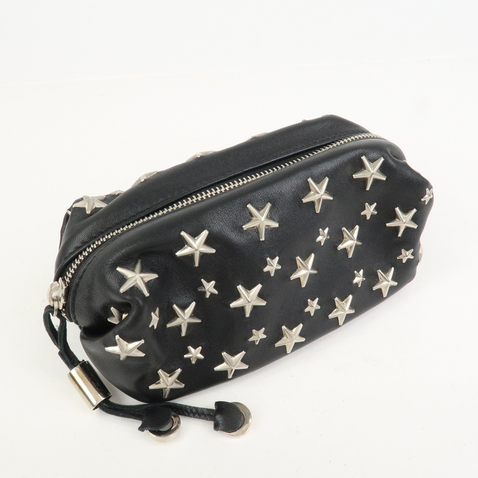 JIMMY CHOO Leather Star Studs Pouch Cosmetic Pouch Makeup Bag Black
