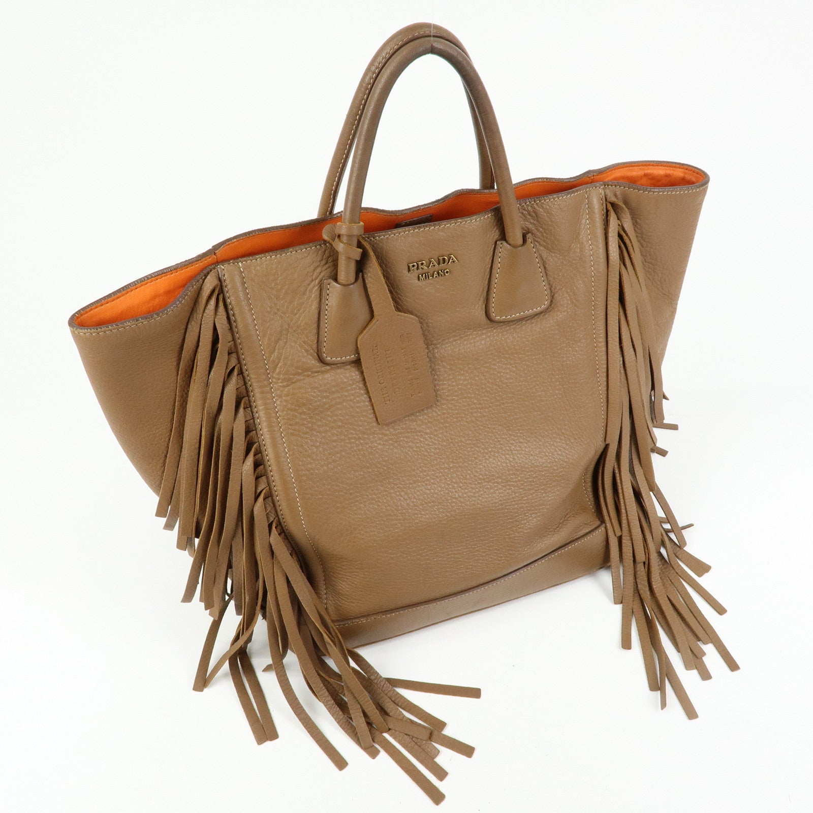 PRADA Leather Fringe Tote Bag Hand Bag Camel Orange