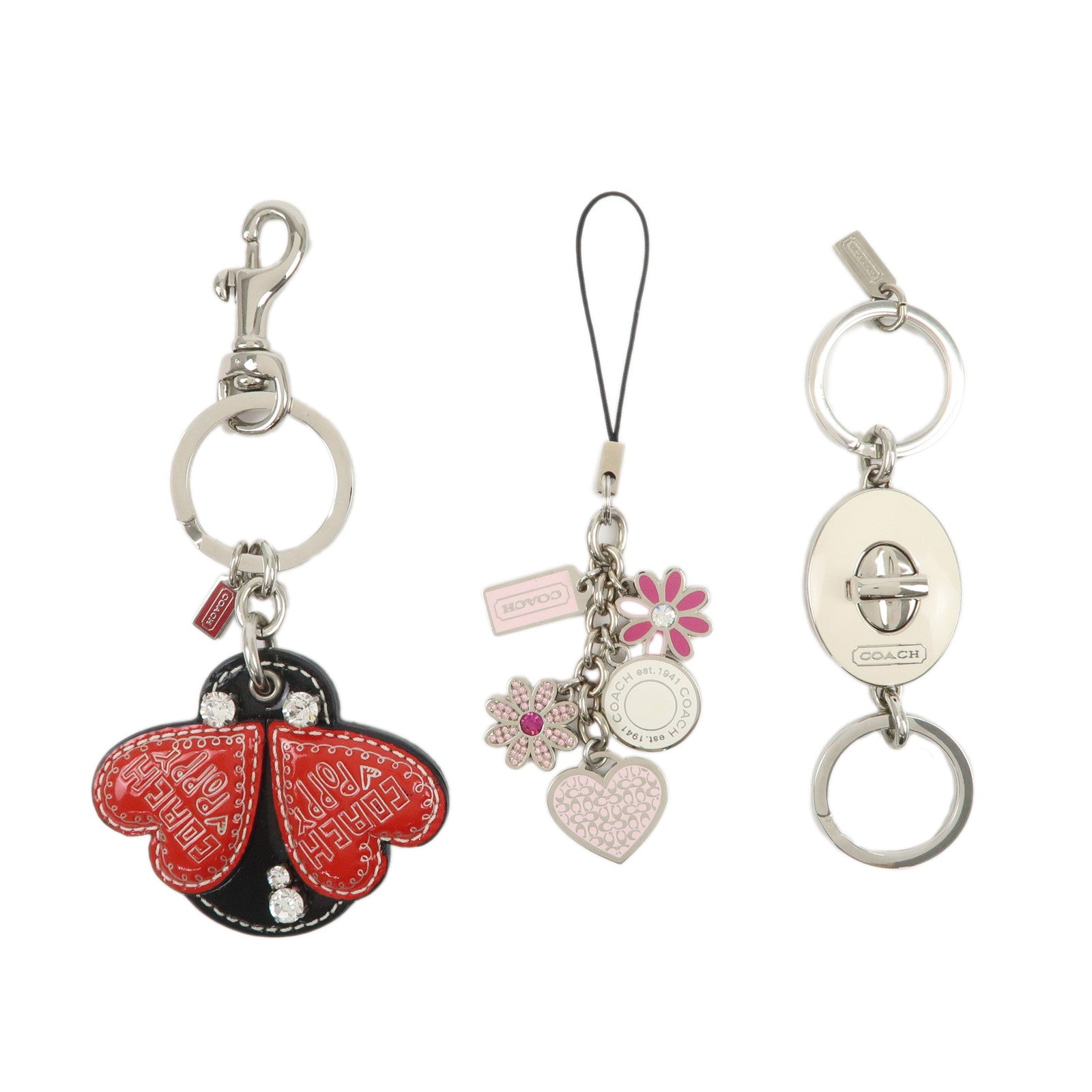 COACH Set Of 3 Bag Charm Key Charm Metal Red Pink Heart Flower